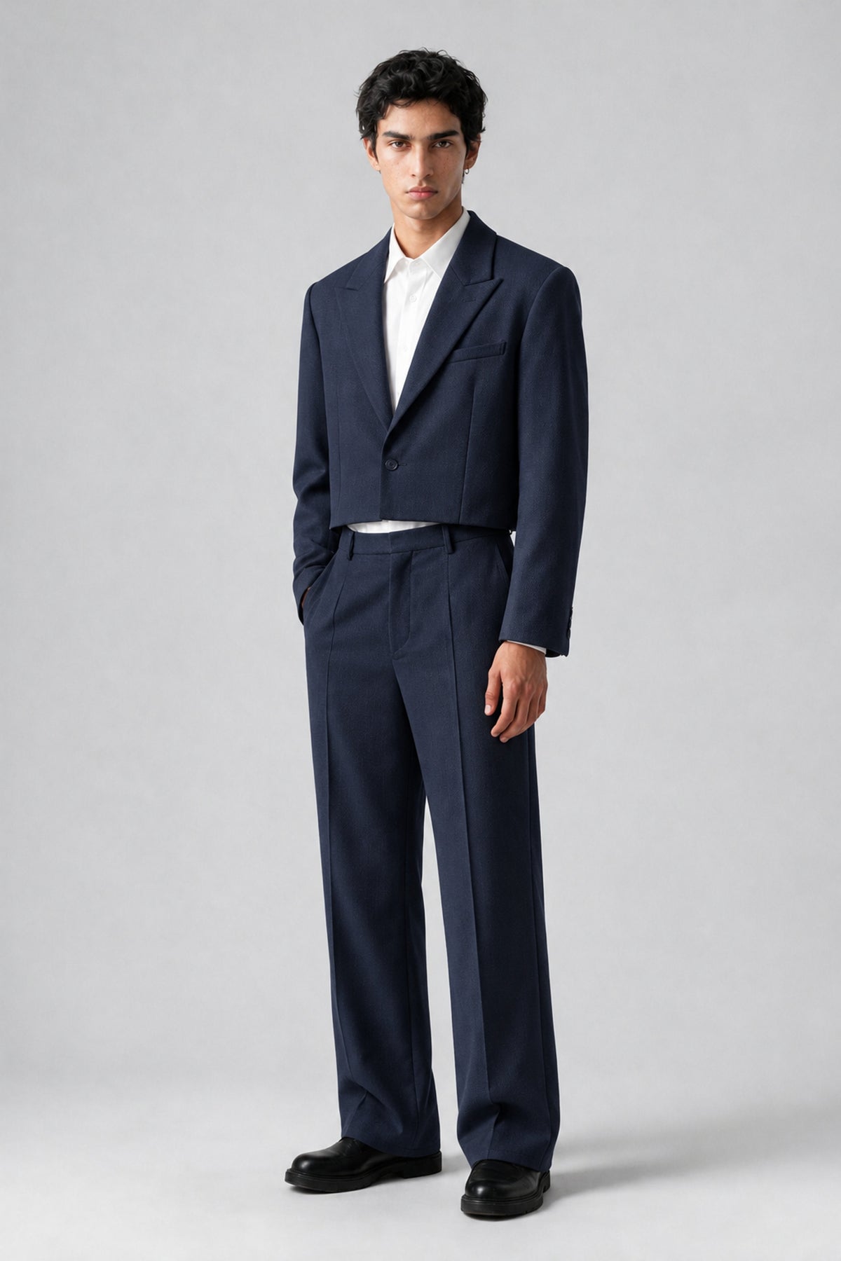 Bolodoo Men's Navy Blue Cropped Blazer & Wide-Leg Trousers 2-Piece Suit - Navy Blue - Navy Blue (3)