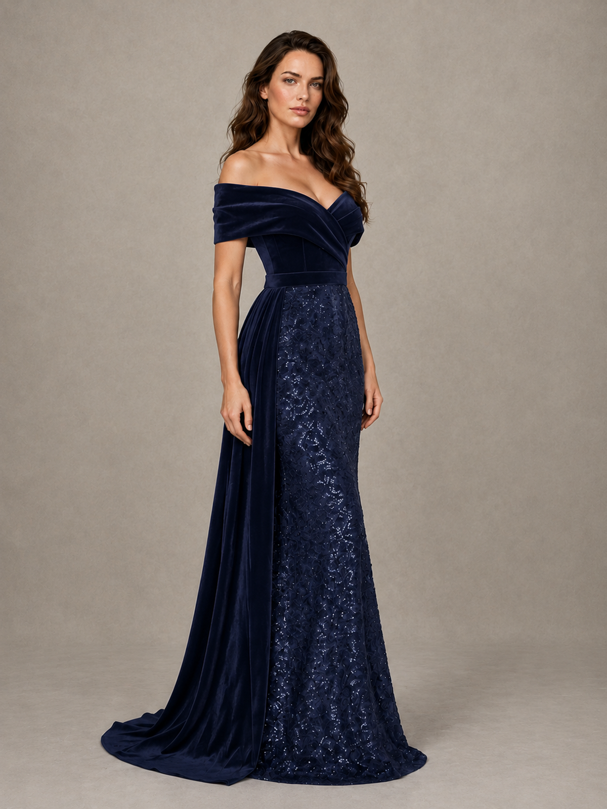 BOLODOO Navy Blue Off-Shoulder Velvet & Sequin Evening Gown with Side Train - Navy Blue - Navy Blue (3)