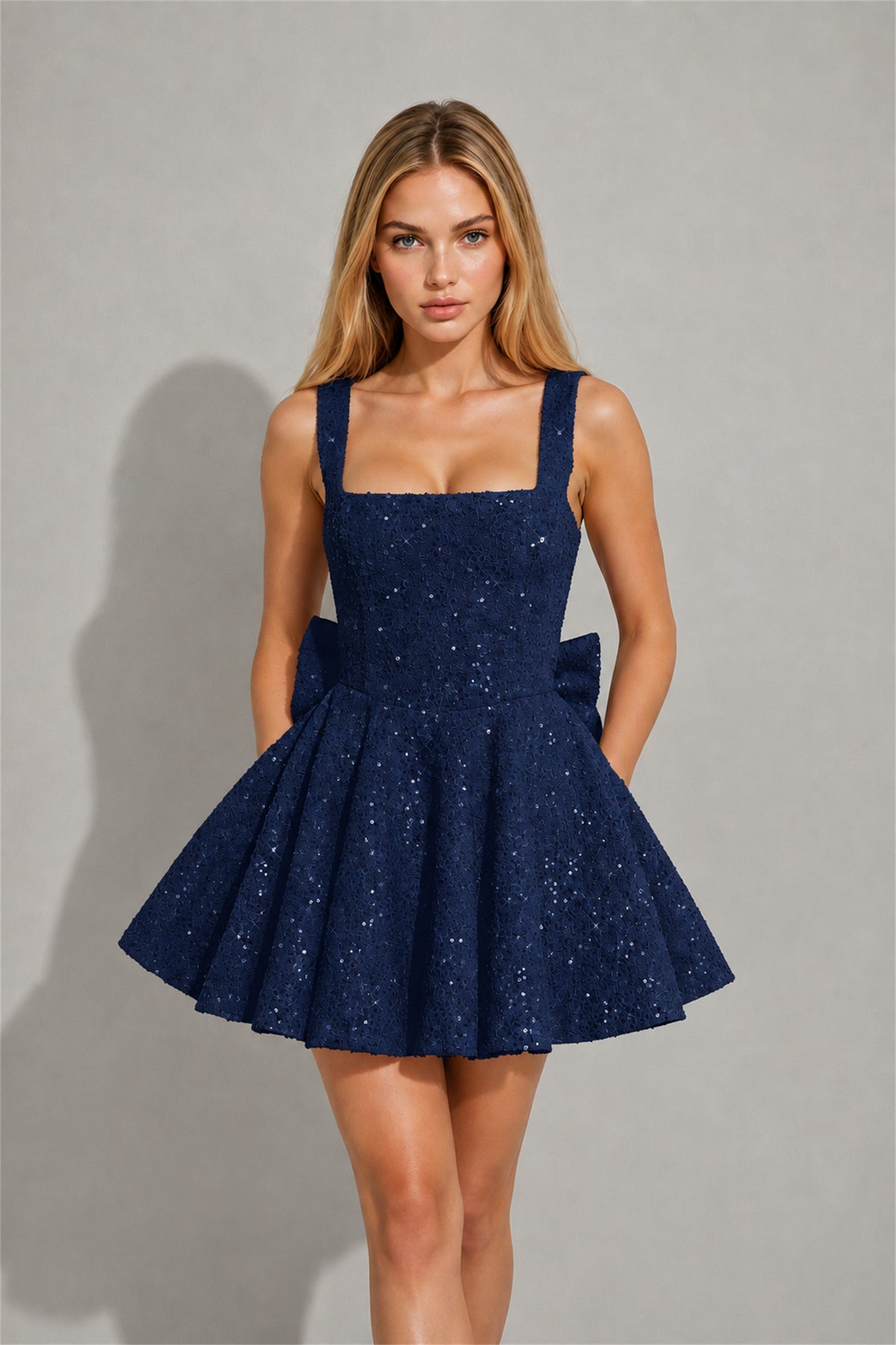 BOLODOO Navy Blue Sequin Square Neck Wide Strap Bow Waist Open Back Fit and Flare Mini Dress | Prom Birthday Party Dress - Navy Blue