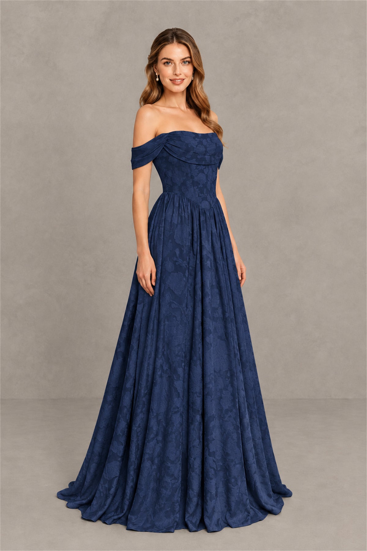 BOLODOO Navy Blue Off-Shoulder Floral A-Line Maxi Dress - Navy Blue