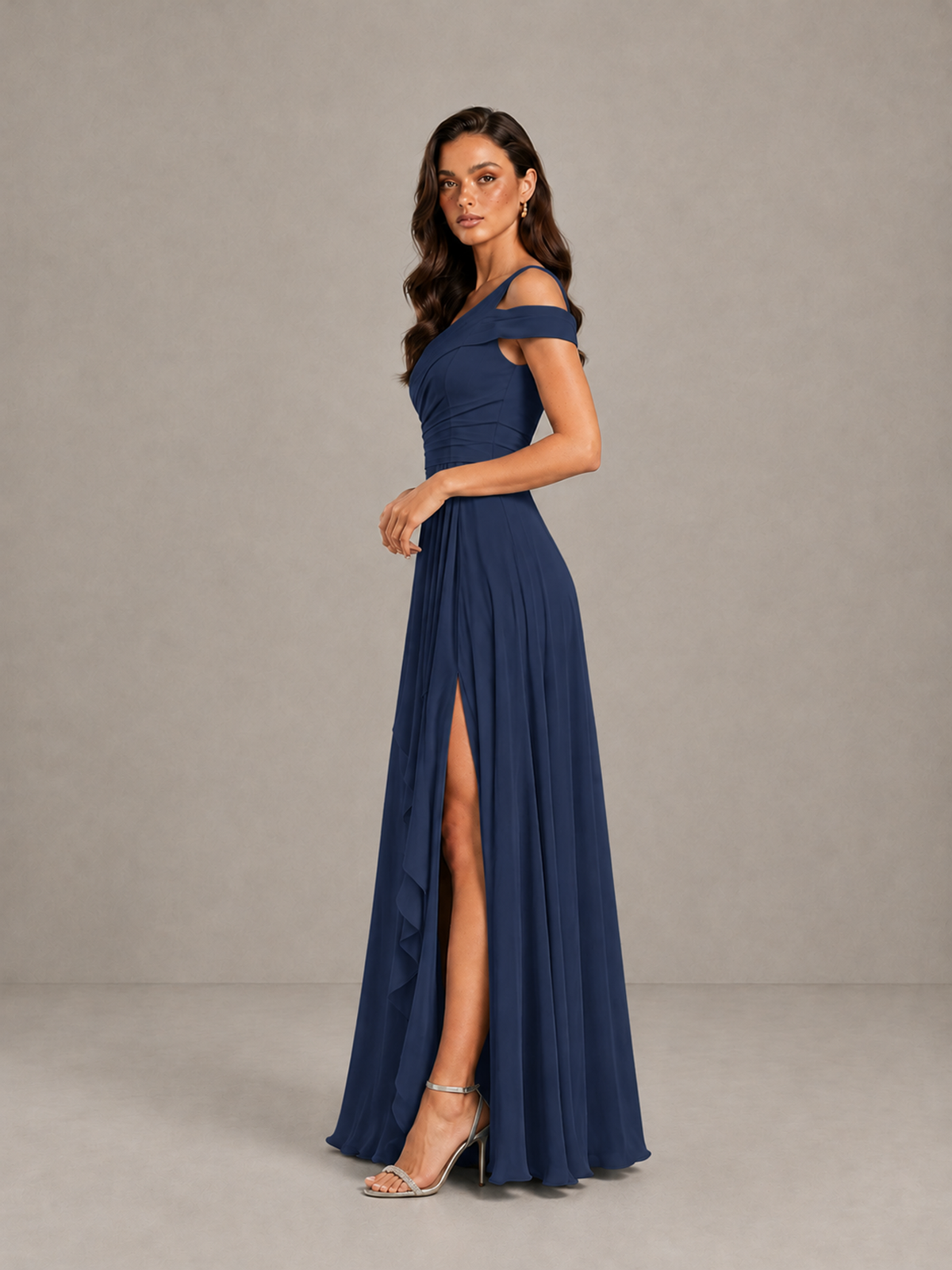 BOLODOO Navy Blue One-Shoulder Bridesmaid Dress with Side Slit - Navy Blue - Navy Blue (3)