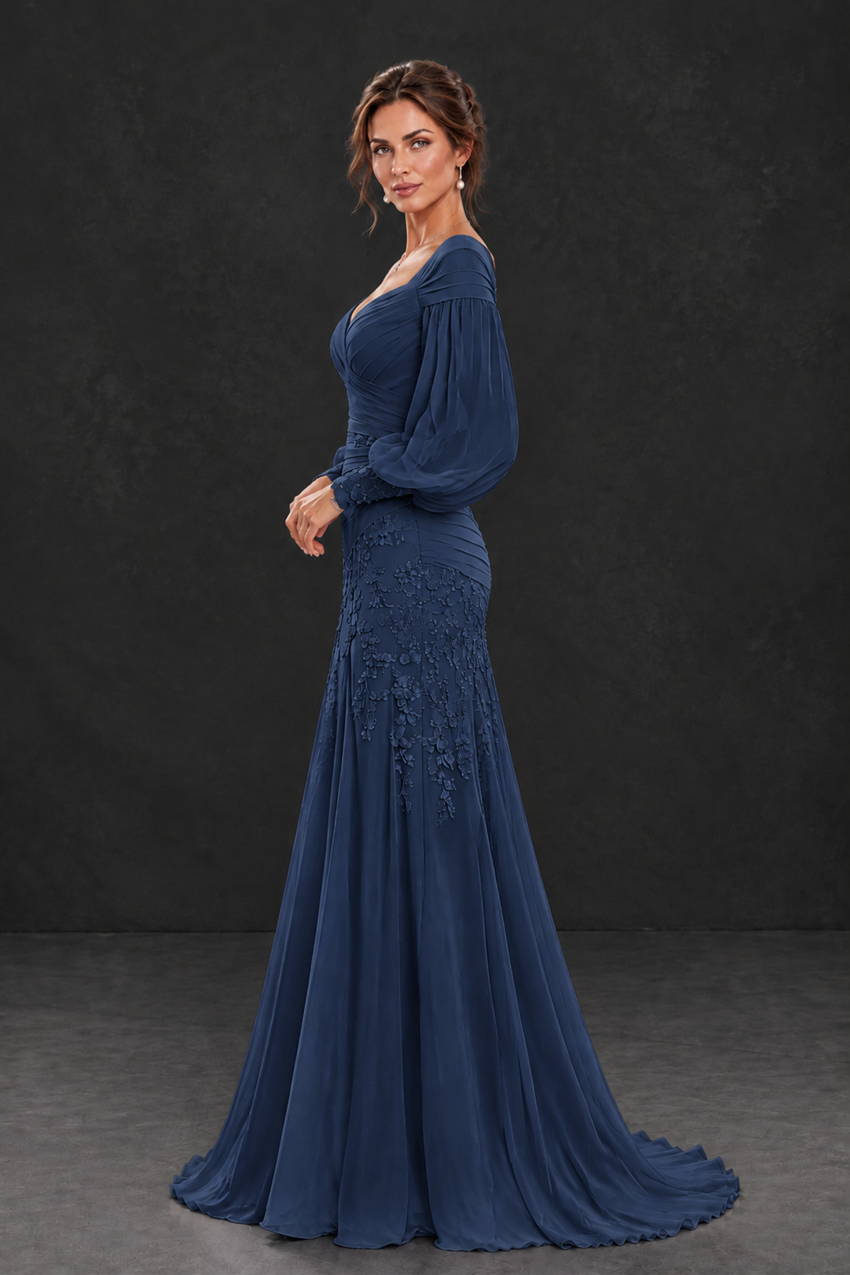 BOLODOO Navy Blue Long Sleeve Mother of the Bride Dress with Floral Appliqués - Navy Blue - Navy Blue (3)