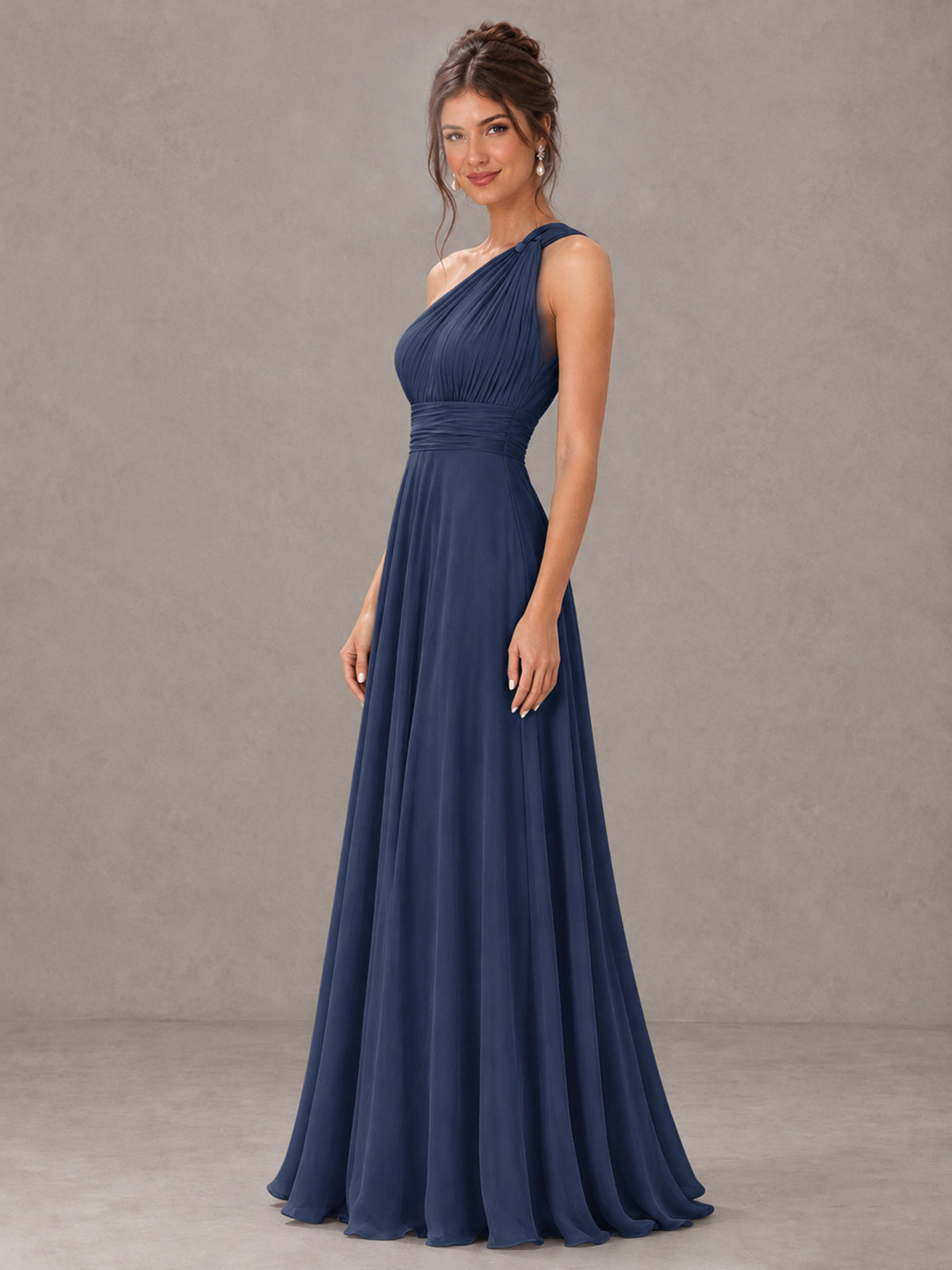 BOLODOO Navy Blue One-Shoulder Chiffon-Look Bridesmaid Dress - Navy Blue - Navy Blue (3)