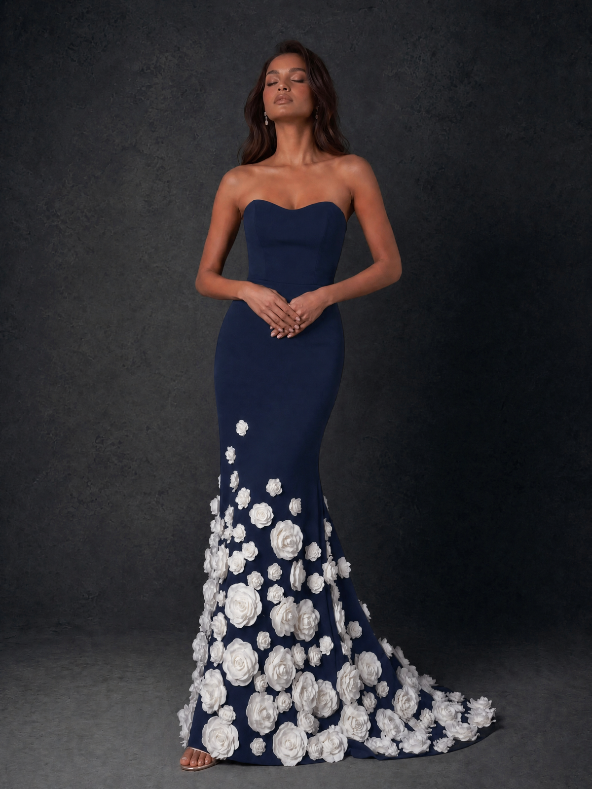 BOLODOO Navy Blue Sweetheart Strapless Crepe Mermaid Gown with Navy Blue 3D Rose Floral Appliqué Skirt and Open Back - Navy Blue