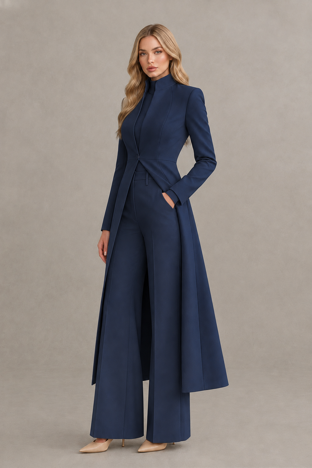 BOLODOO Navy Blue Longline Jacket Wide-Leg Formal Pantsuit - Navy Blue