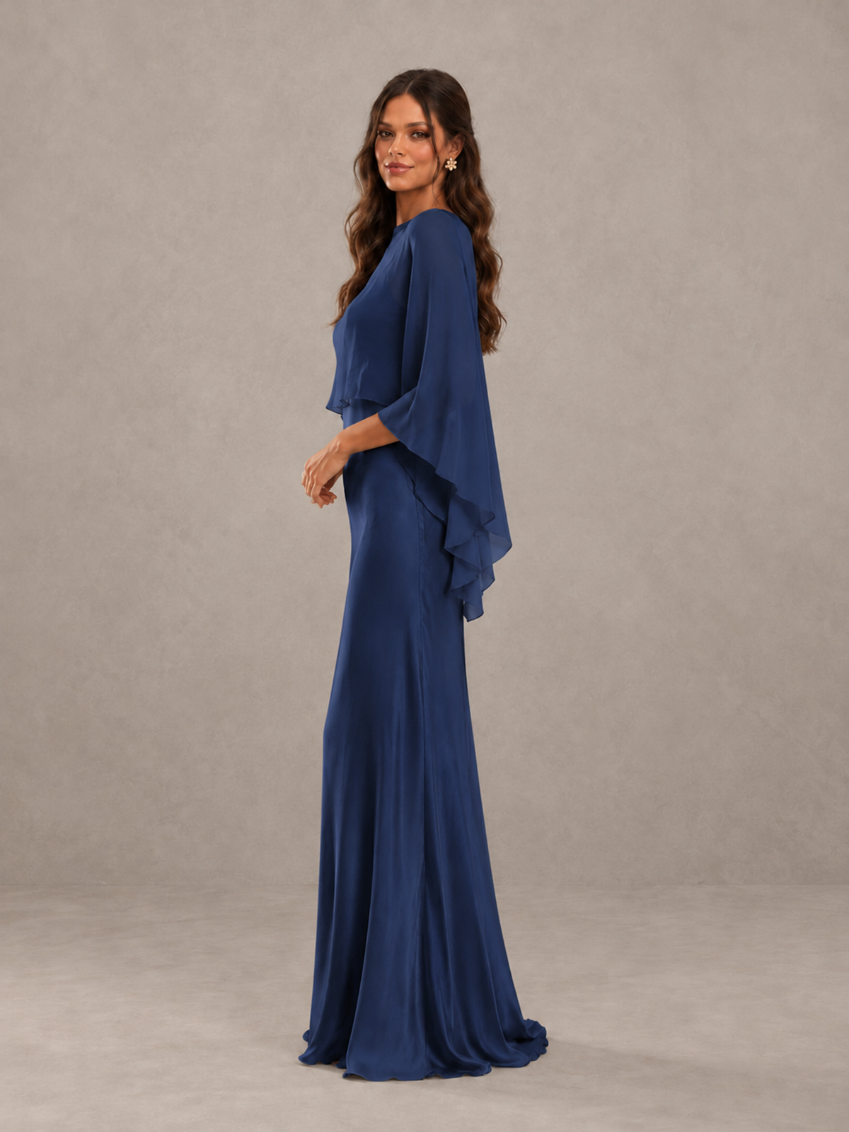 BOLODOO Navy Blue Satin Mermaid Bridesmaid Dress with Chiffon Cape - Navy Blue - Navy Blue (3)