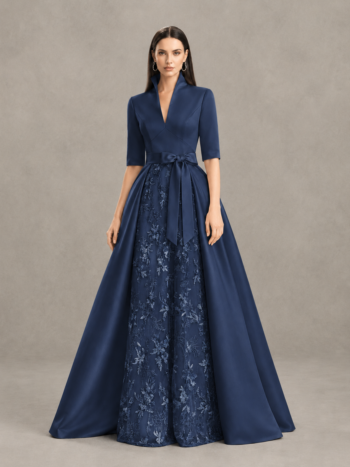 BOLODOO Navy Blue Stand Collar Bow Waist Floral Embroidered Evening Gown - Navy Blue - Navy Blue (3)