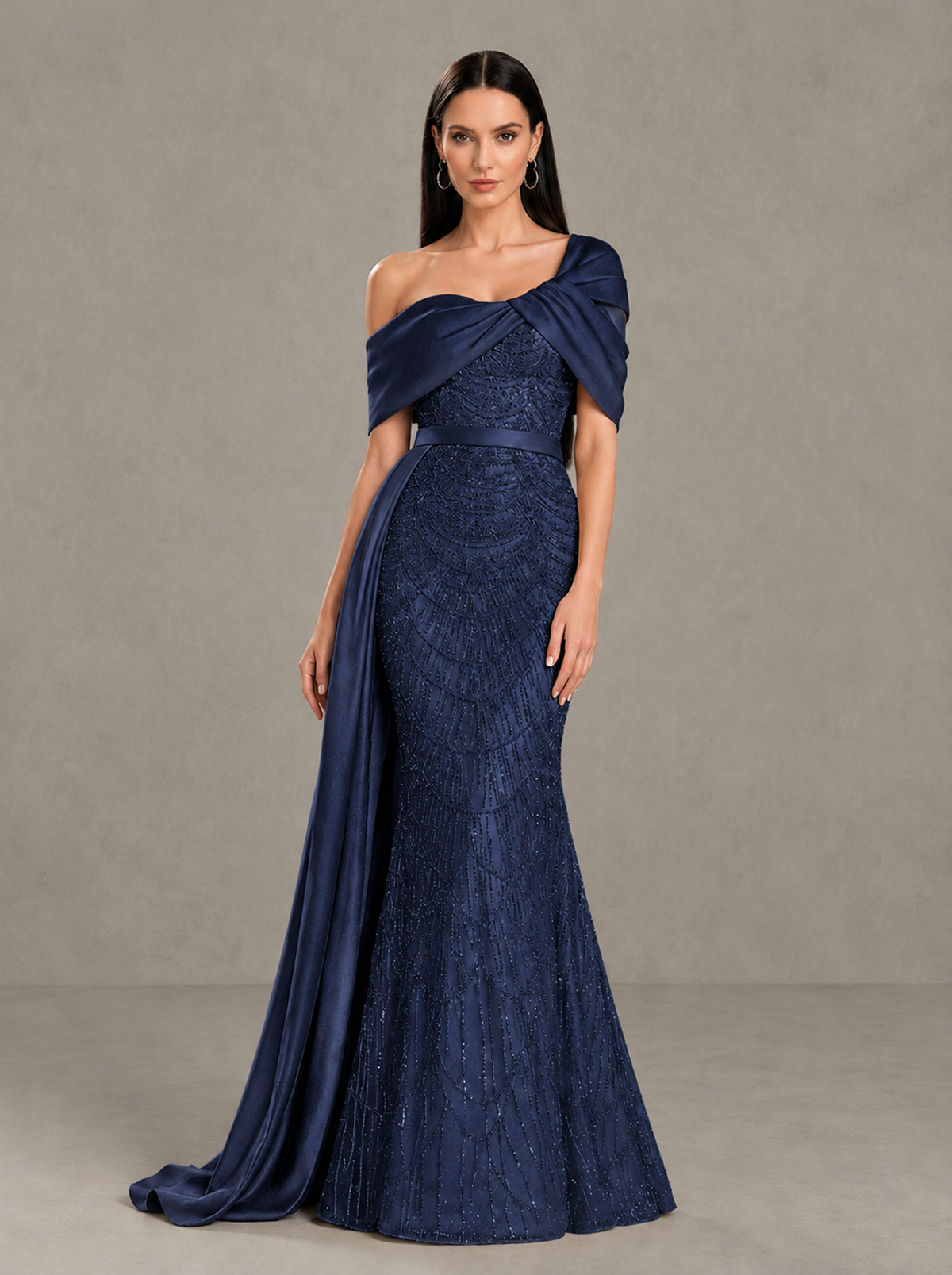 BOLODOO Navy Blue Asymmetric Draped Mermaid Evening Gown with Train - Navy Blue - Navy Blue (3)