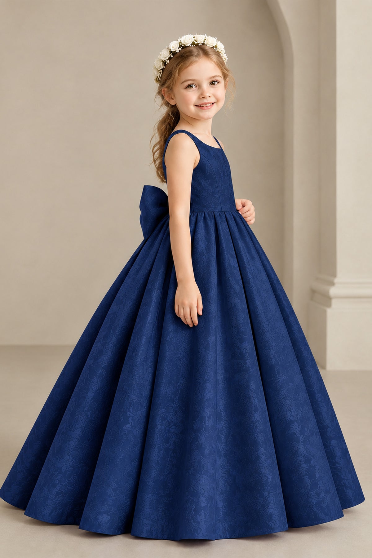 BOLODOO Navy Blue Girls' A-Line Flower Girl Dress with Back Bow - Navy Blue