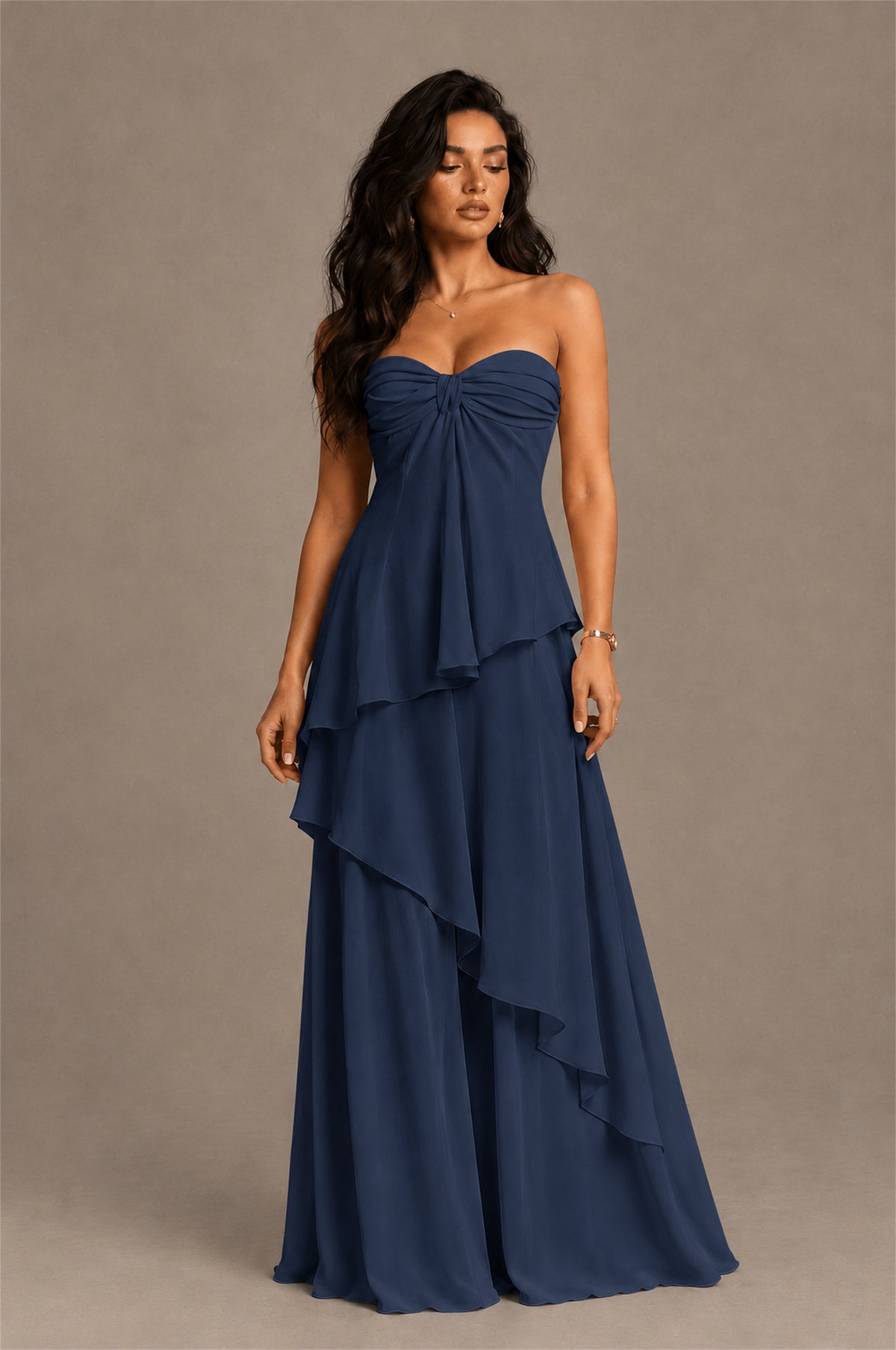 BOLODOO Navy Blue Strapless Sweetheart Knotted Chiffon Tiered Maxi Dress with Lace-Up Back - Navy Blue