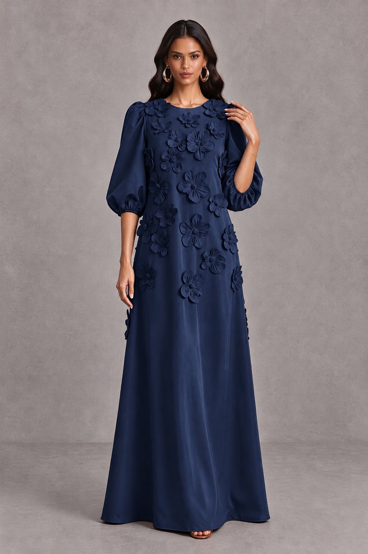 BOLODOO Navy Blue Floral Applique Puff Sleeve A-Line Evening Dress - Navy Blue - Navy Blue (3)