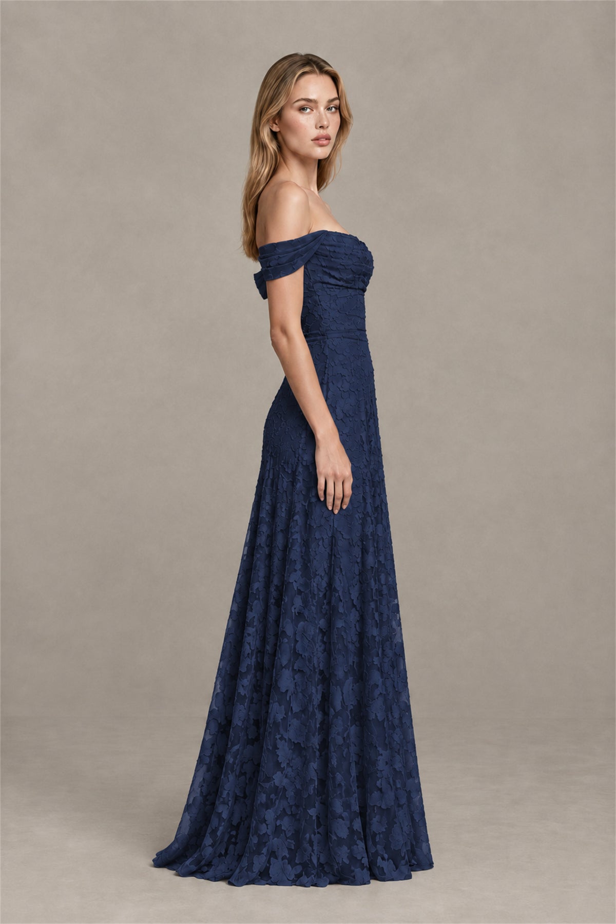 BOLODOO Navy Blue Off-Shoulder Pleated A-Line Maxi Dress Floral - Navy Blue