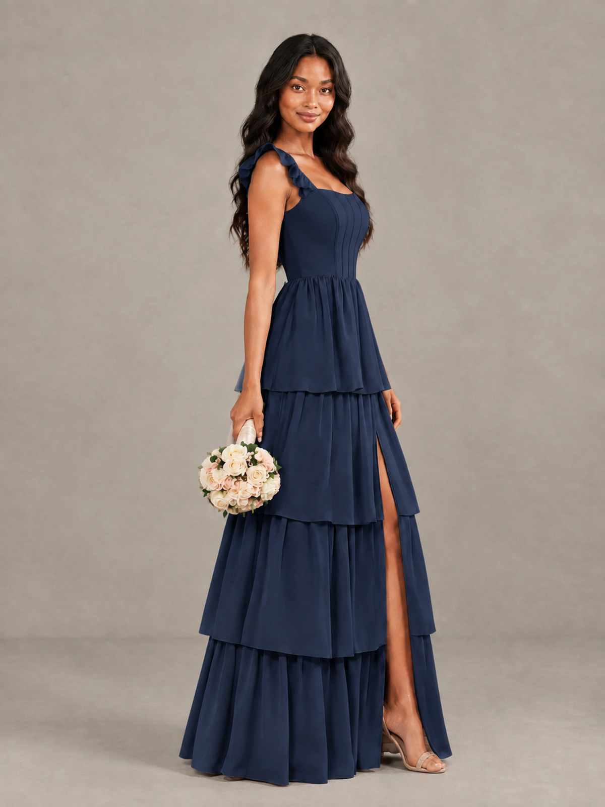 BOLODOO Navy Blue Tiered Maxi Bridesmaid Dress with Slit - Navy Blue