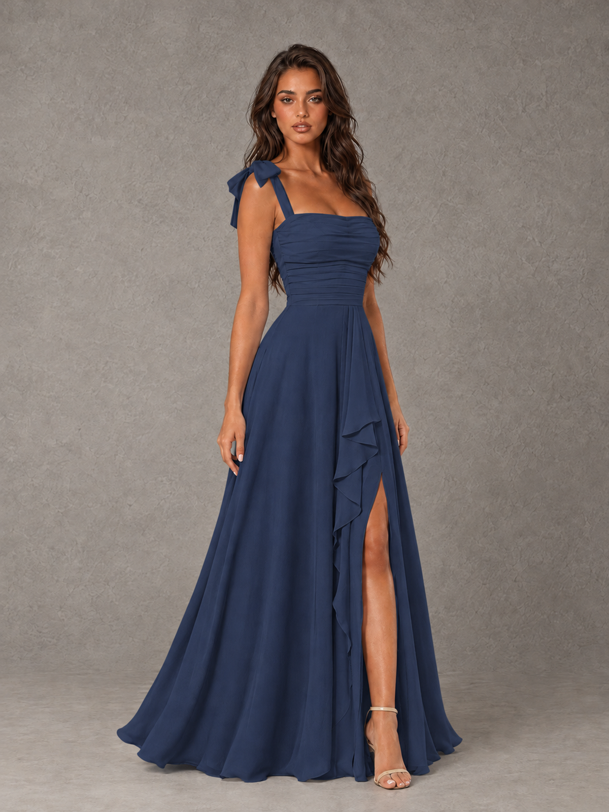 BOLODOO Navy Blue Bow-Strap Bridesmaid Dress with Ruffle Slit - Navy Blue - Navy Blue (3)