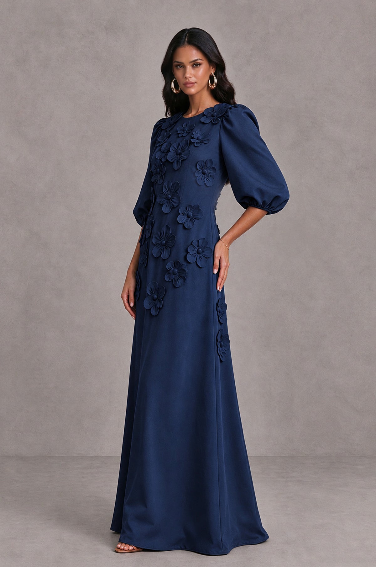 BOLODOO Navy Blue Floral Applique Puff Sleeve A-Line Evening Dress - Navy Blue - Navy Blue (4)