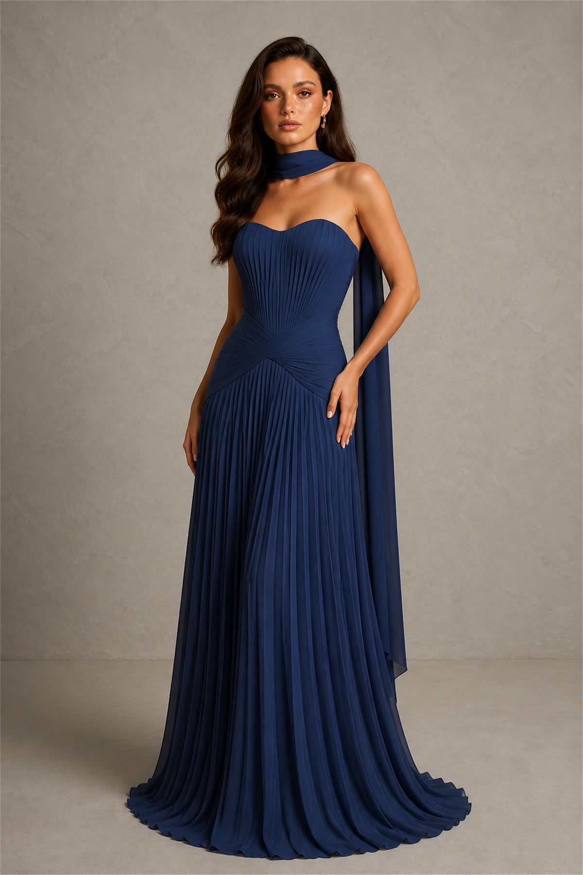 BOLODOO Navy Blue Sweetheart Strapless Neck Scarf Pleated Backless A-Line Chiffon Maxi Dress - Navy Blue