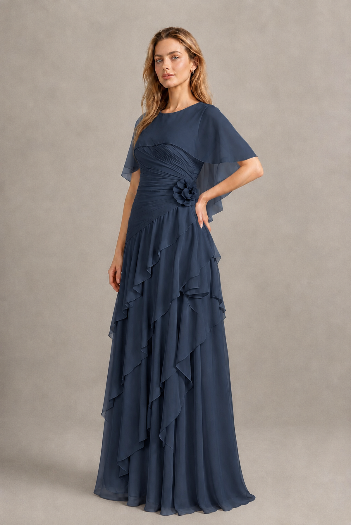 BOLODOO Navy Blue Chiffon Flutter Sleeve Tiered Maxi Dress with 3D Rosette - Navy Blue