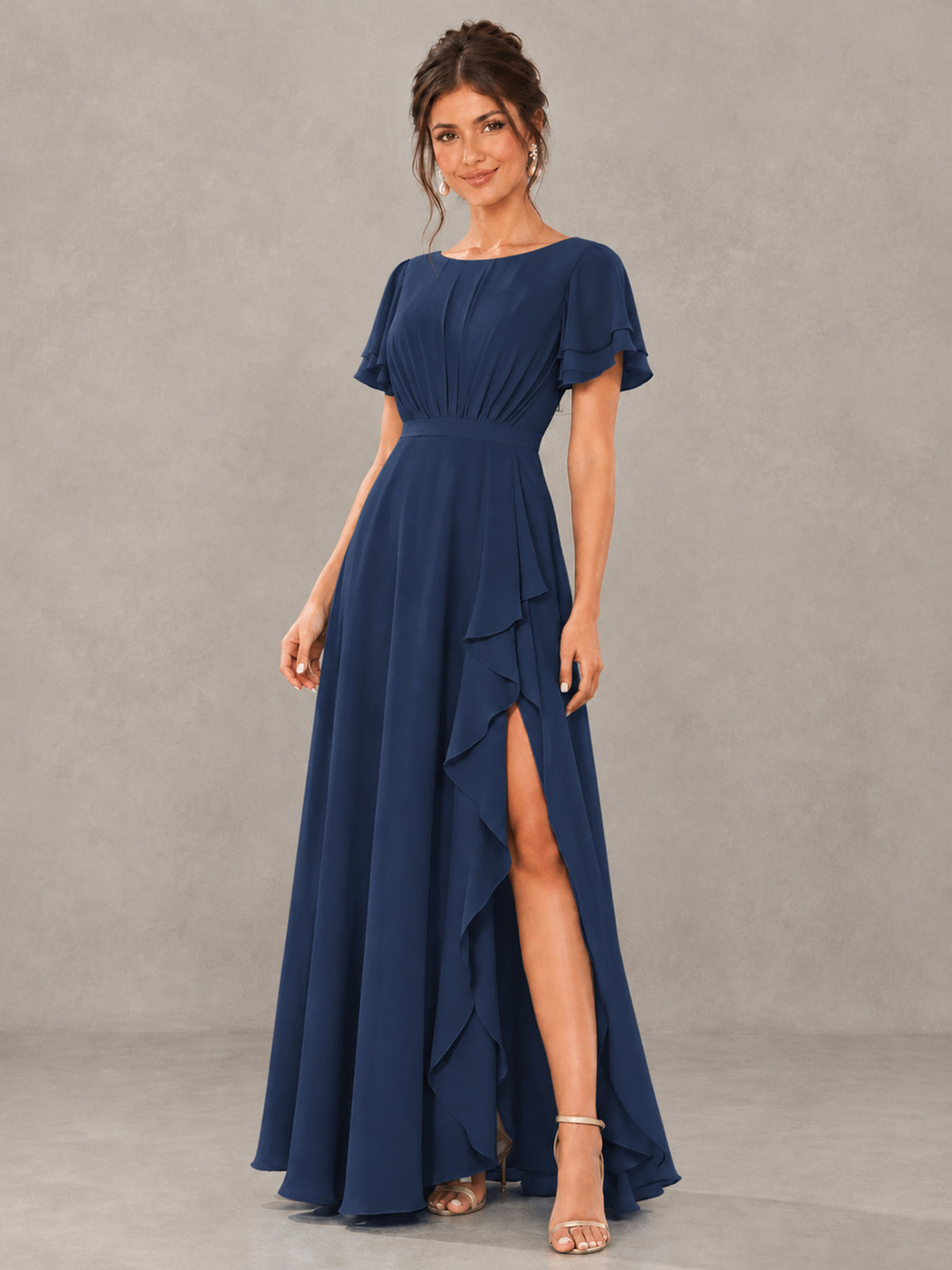BOLODOO Navy Blue Flutter Sleeve Ruffle Bridesmaid Dress with Slit - Navy Blue - Navy Blue (4)