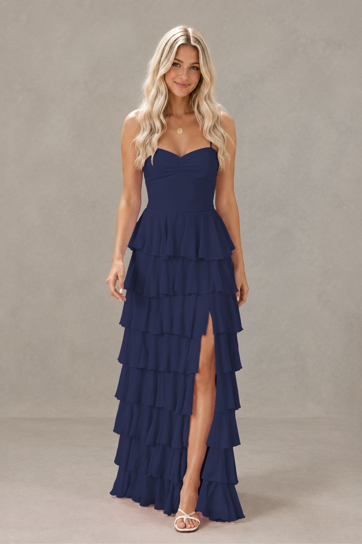BOLODOO Navy Blue Strapless Tiered Ruffle Maxi Dress with Slit & Lace-Up Back - Navy Blue