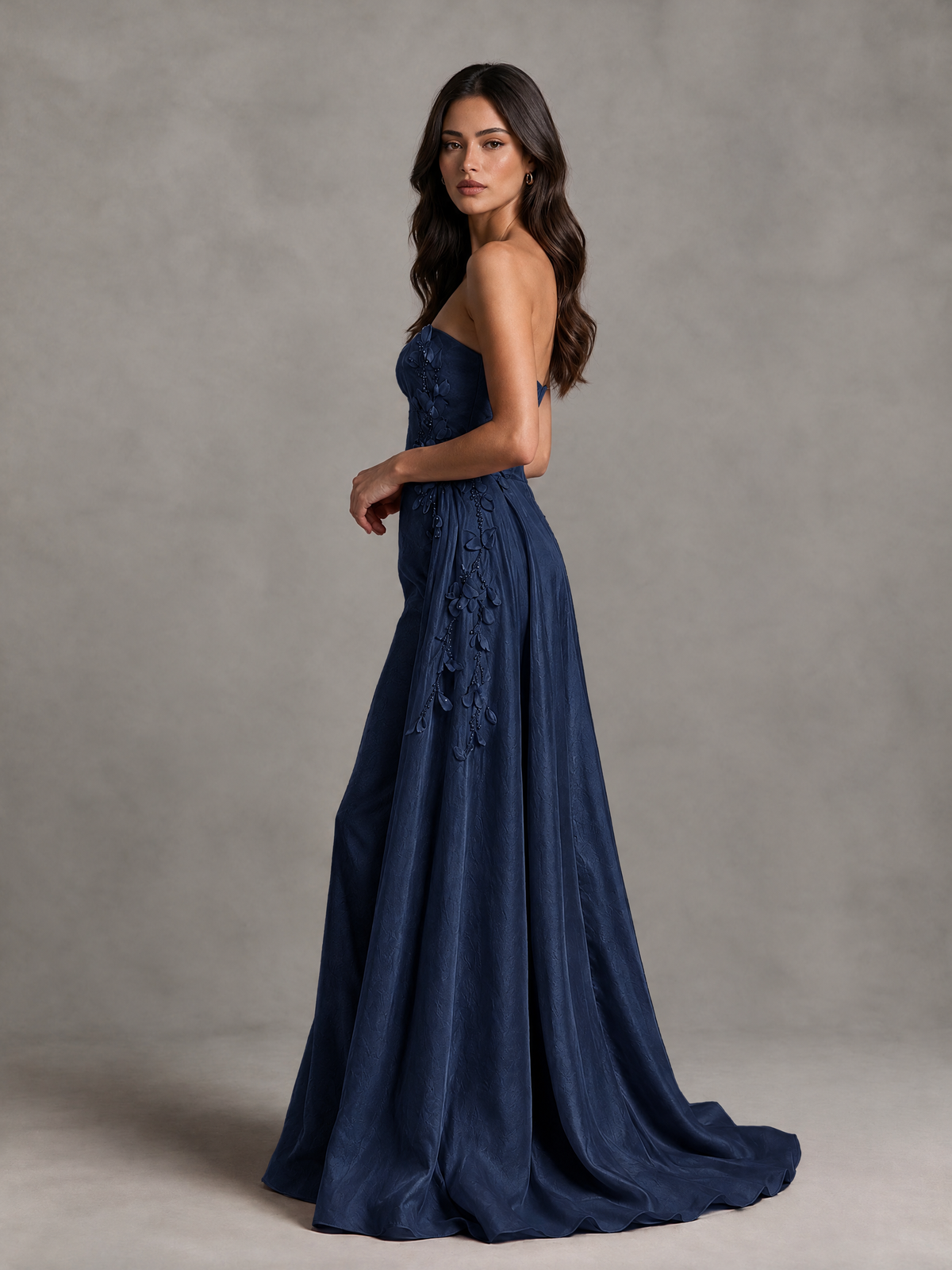 BOLODOO Navy Blue Strapless Floral Applique Prom Dress with Overskirt - Navy Blue - Navy Blue (4)