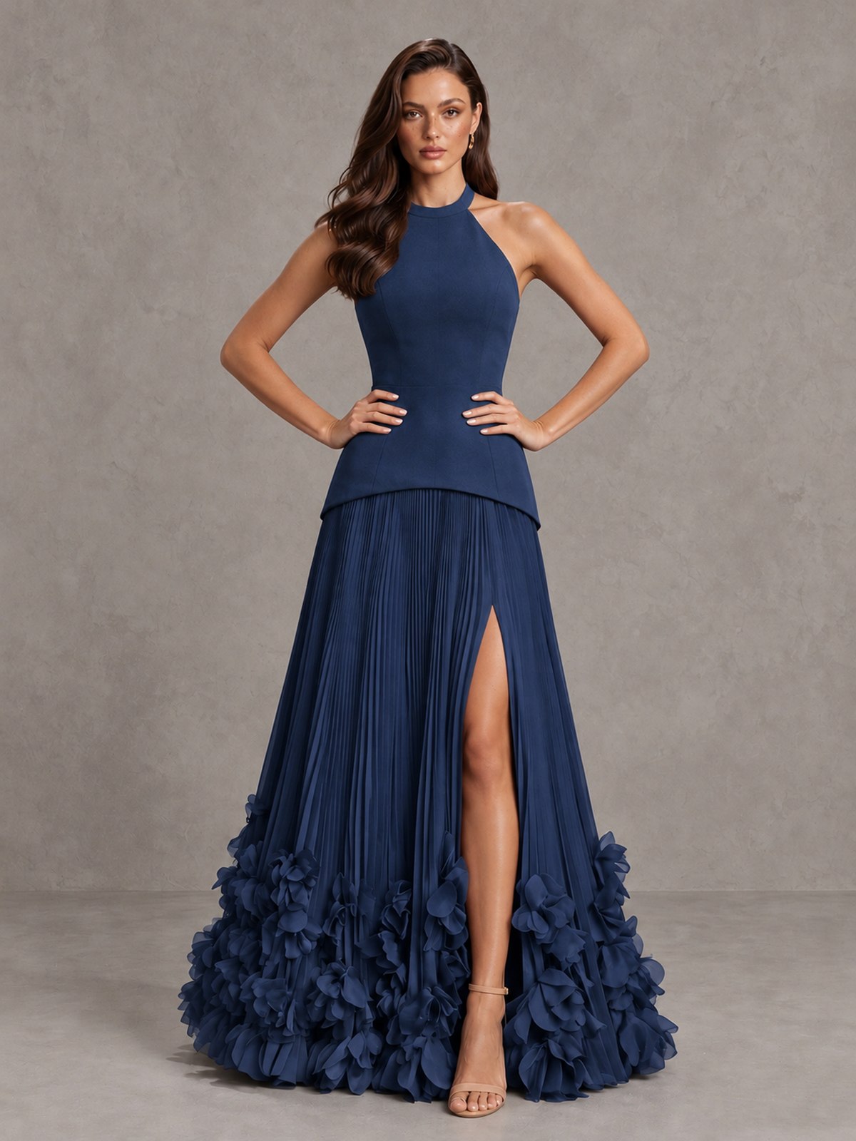 BOLODOO Navy Blue Halter Neck Floor-Length Evening Gown with High Slit & 3D Floral Hem - Navy Blue - Navy Blue (4)