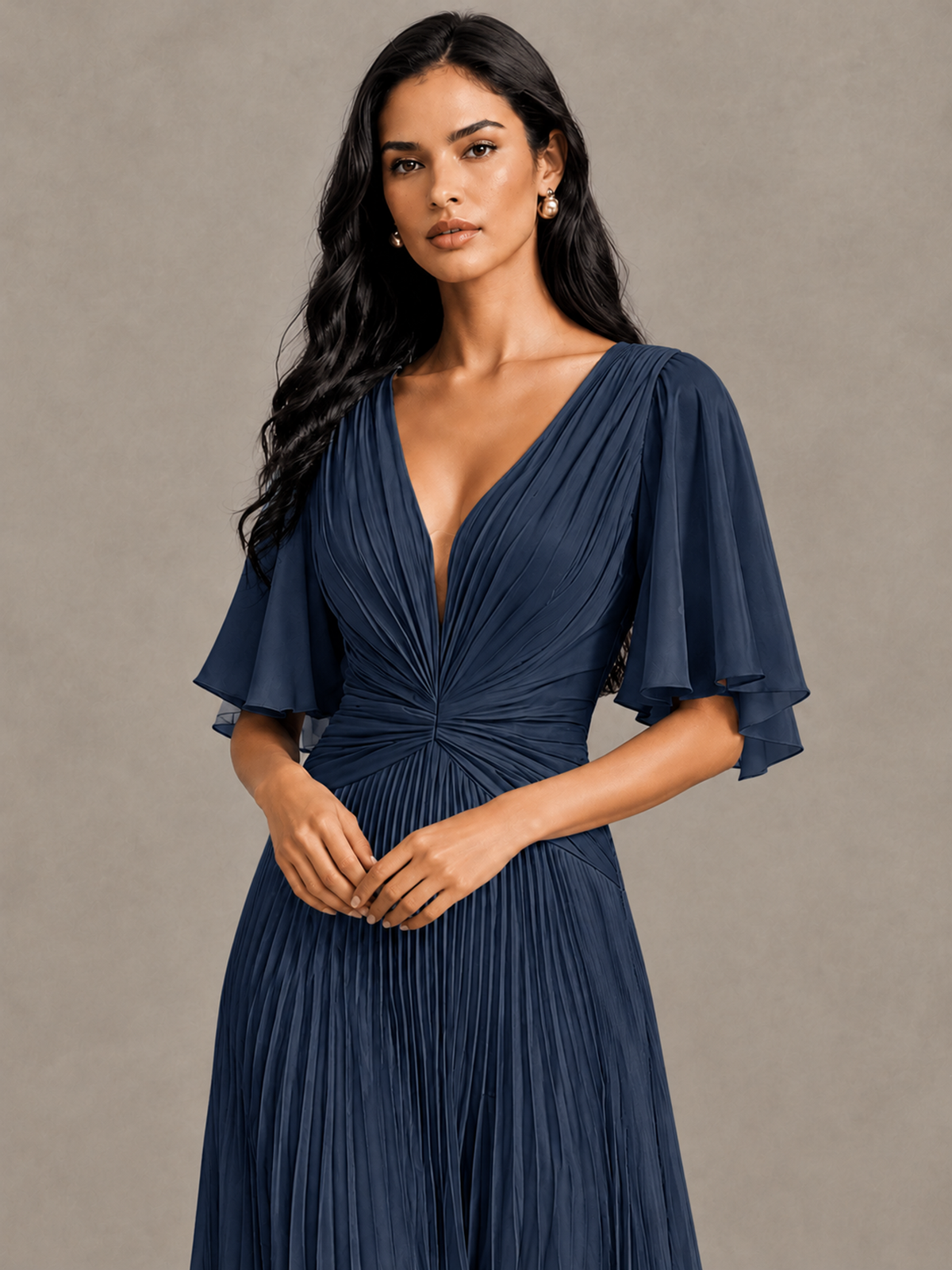 BOLODOO Navy Blue Pleated V-Neck Flutter Sleeve Bridesmaid Dress - Navy Blue - Navy Blue (4)