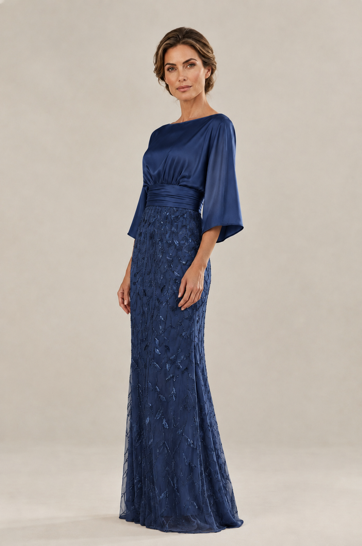 BOLODOO Navy Blue Mother of the Bride Dress with Kimono Sleeves, Satin Bodice & Sequin Embroidered Mermaid Floor-Length Gown - Navy Blue - Navy Blue (4)