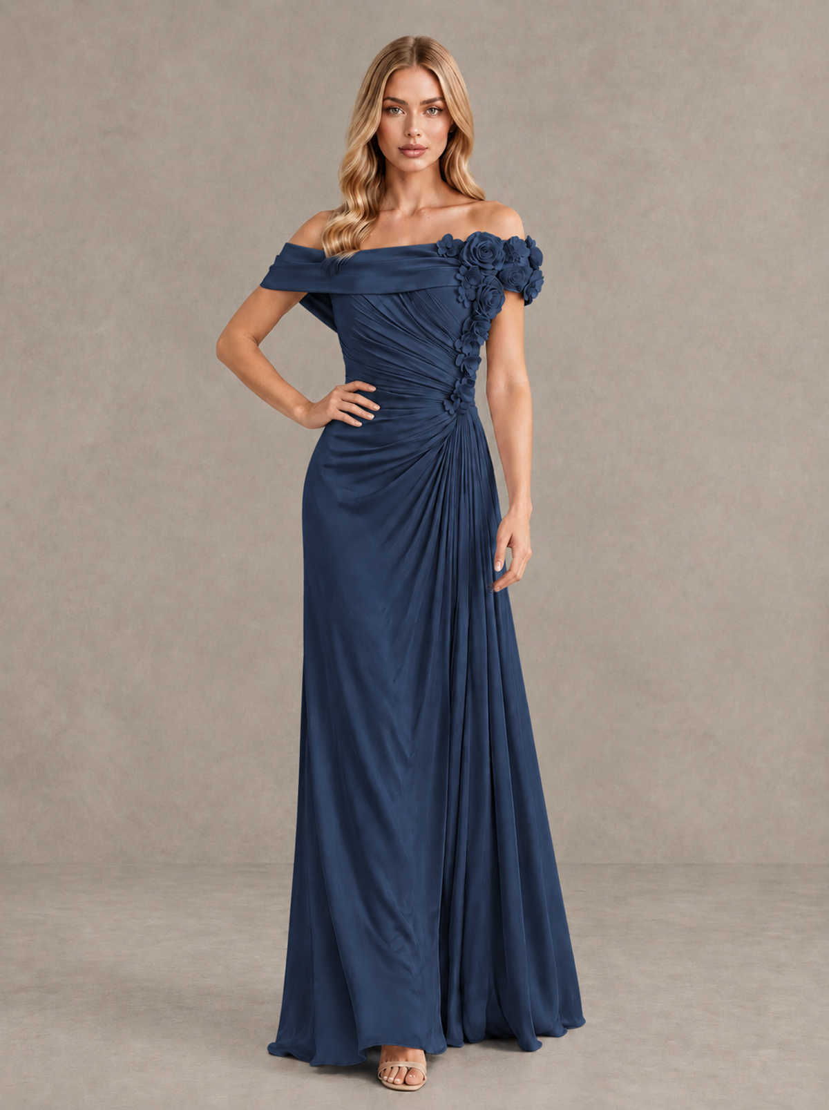 BOLODOO Navy Blue Off-Shoulder Floral Applique Wedding Guest Maxi Dress - Navy Blue - Navy Blue (4)