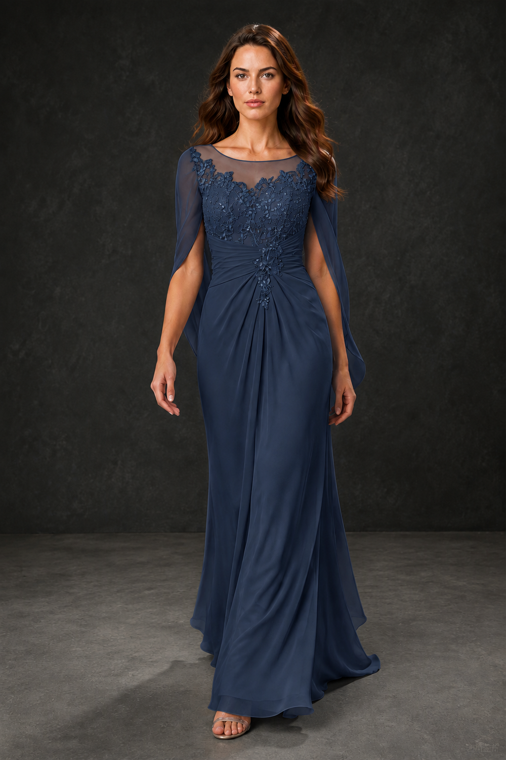 BOLODOO Navy Blue Illusion Lace One-Side Cape Sleeve Beaded Chiffon Floor Length Gown | Mother of the Bride Evening Dress - Navy Blue