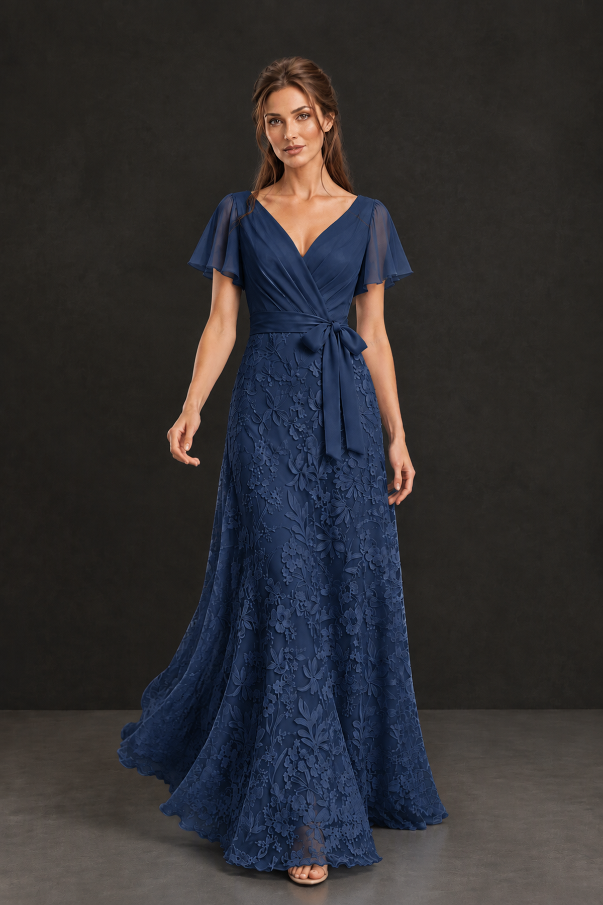BOLODOO Navy Blue Flutter Sleeve Lace Mother of the Bride Dress - Navy Blue