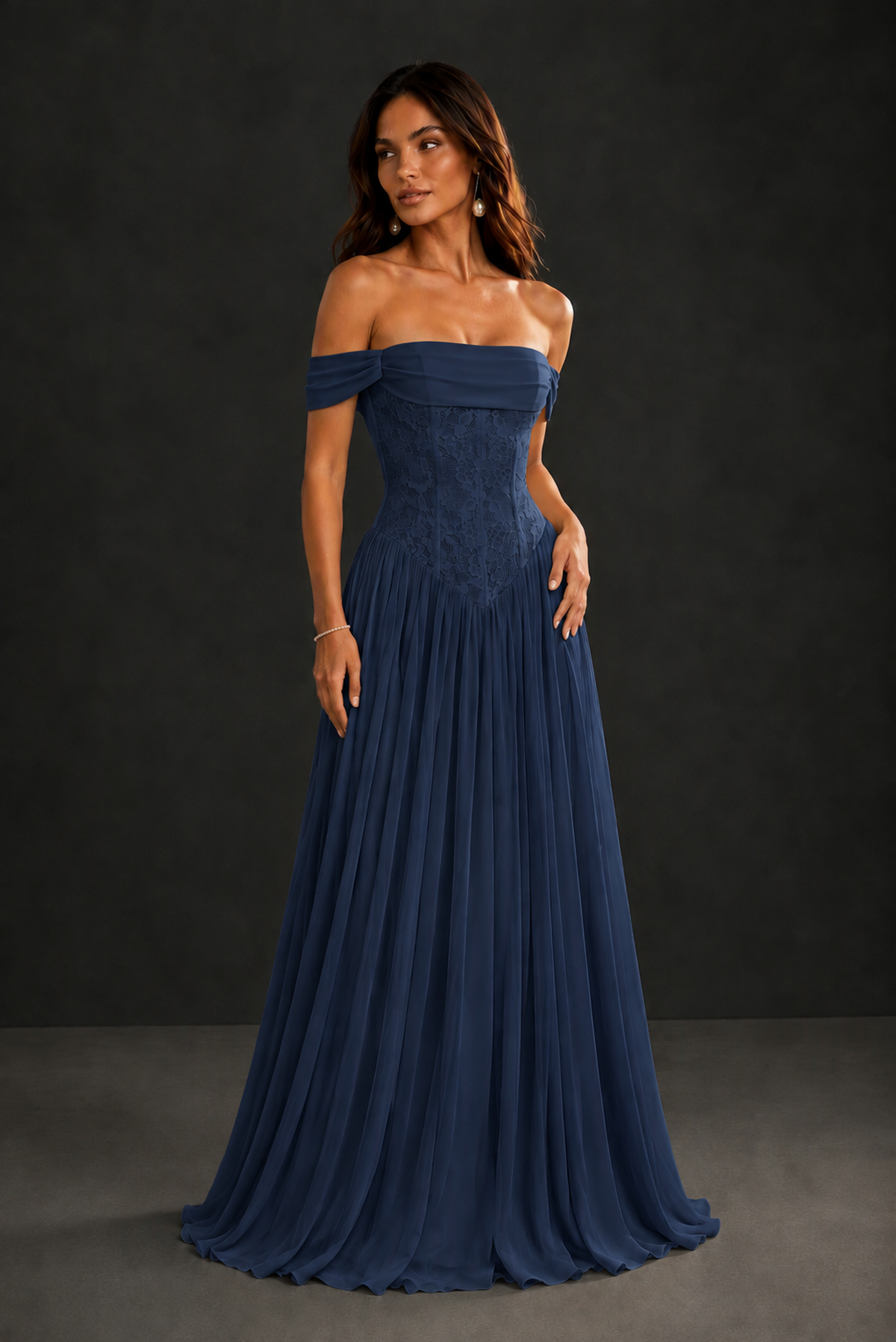 BOLODOO Navy Blue Off-Shoulder Lace Corset Tulle Maxi Dress - Navy Blue