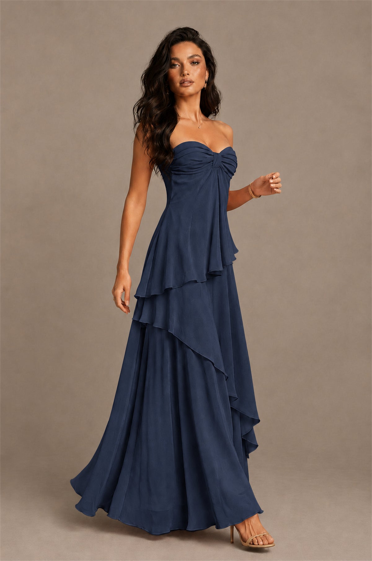 BOLODOO Navy Blue Strapless Sweetheart Knotted Chiffon Tiered Maxi Dress with Lace-Up Back - Navy Blue