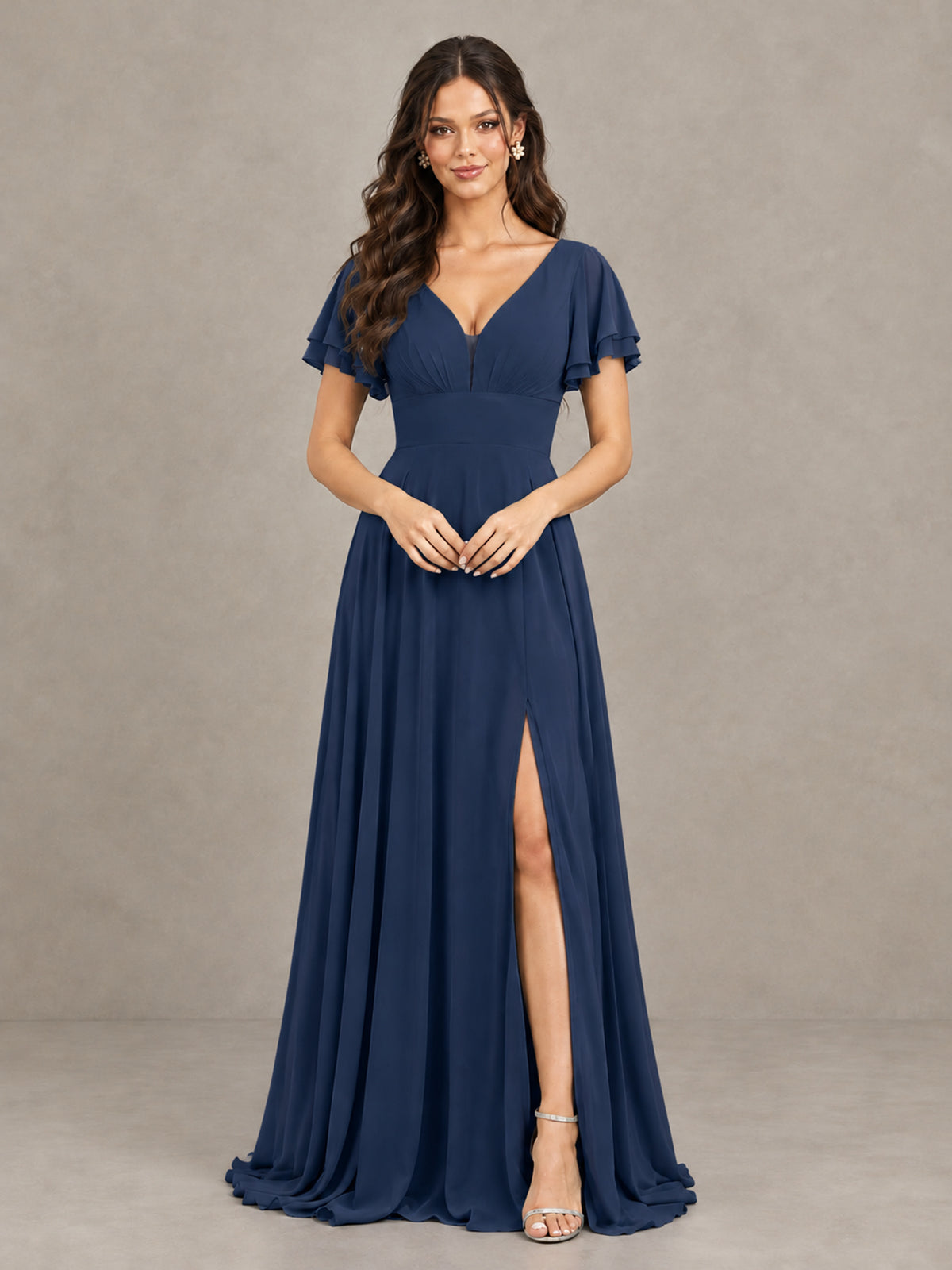 BOLODOO Navy Blue Flutter Sleeve Chiffon A-Line Maxi Bridesmaid Dress with Open Back & Slit - Navy Blue - Navy Blue (4)