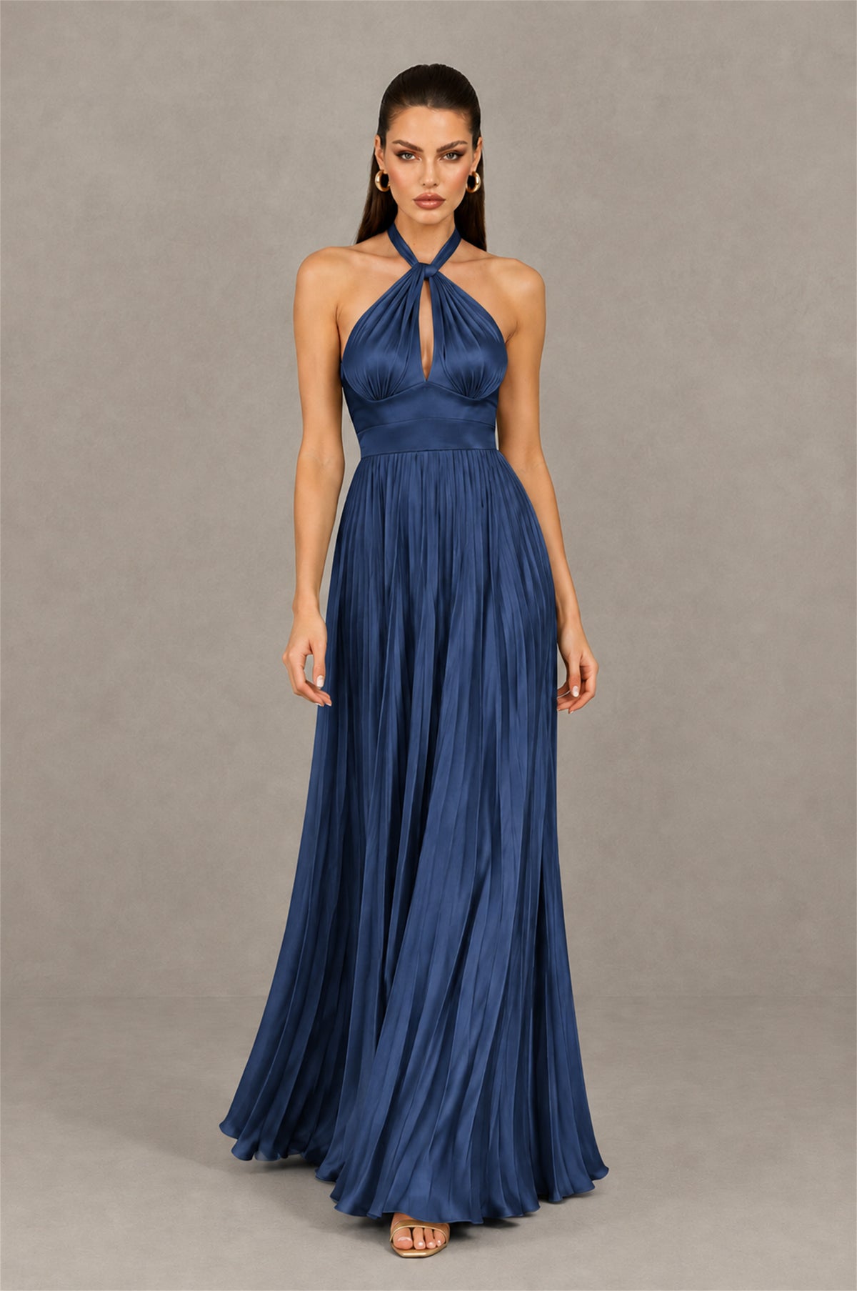 BOLODOO Navy Blue Halter Pleated A-Line Evening Dress - Navy Blue