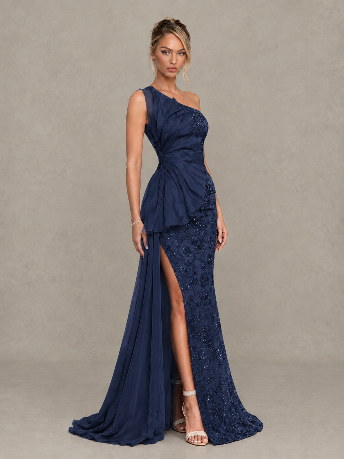 BOLODOO Navy Blue One-Shoulder Floral Lace Evening Gown with High Slit - Navy Blue - Navy Blue (4)