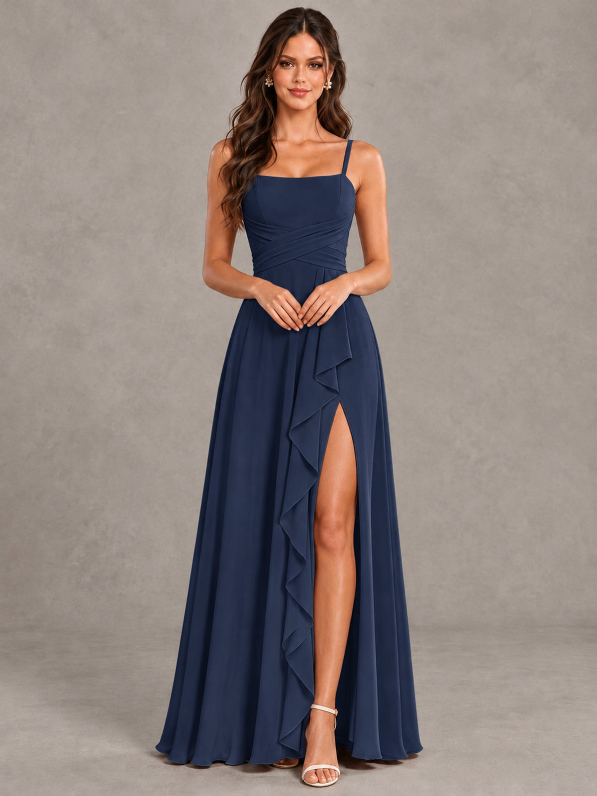 BOLODOO Navy Blue Spaghetti Strap Ruffle Bridesmaid Dress with Slit - Navy Blue - Navy Blue (4)