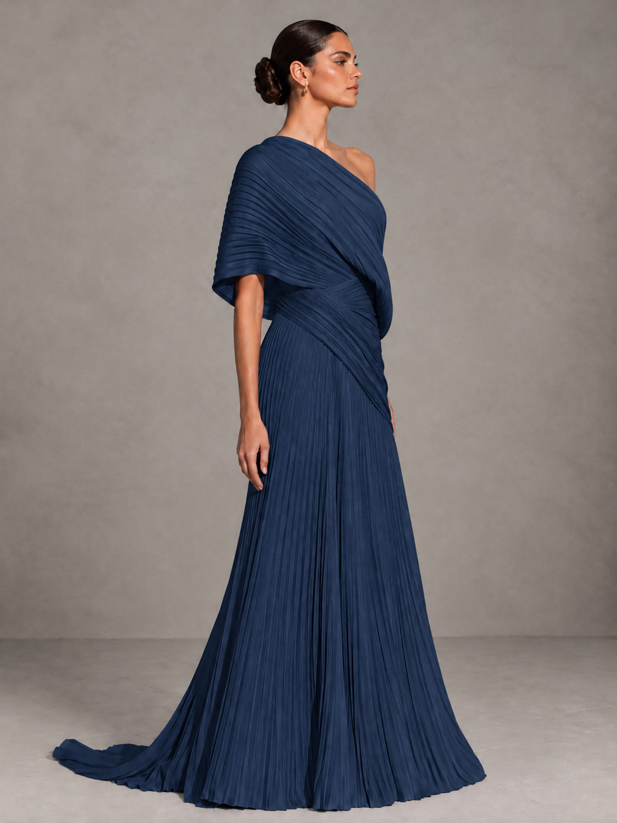 BOLODOO Navy Blue One-Shoulder Pleated Cape Evening Gown with Train - Navy Blue - Navy Blue (4)