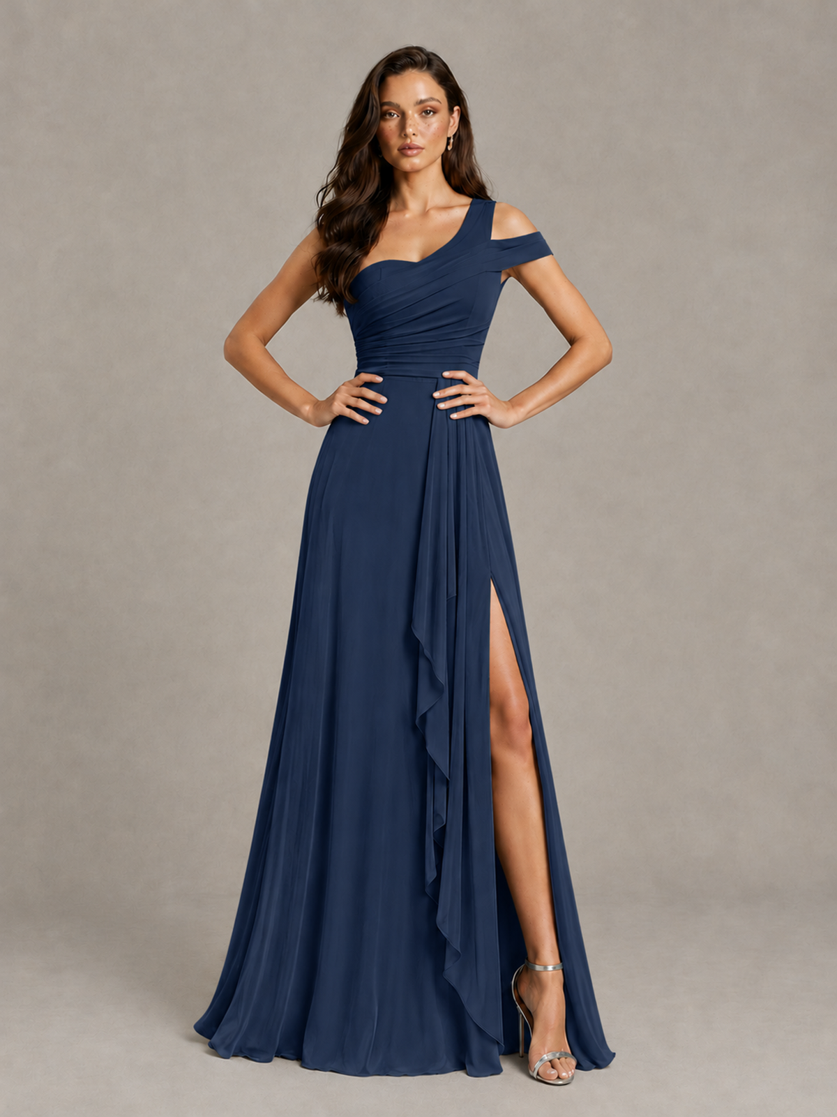 BOLODOO Navy Blue One-Shoulder Bridesmaid Dress with Side Slit - Navy Blue - Navy Blue (4)