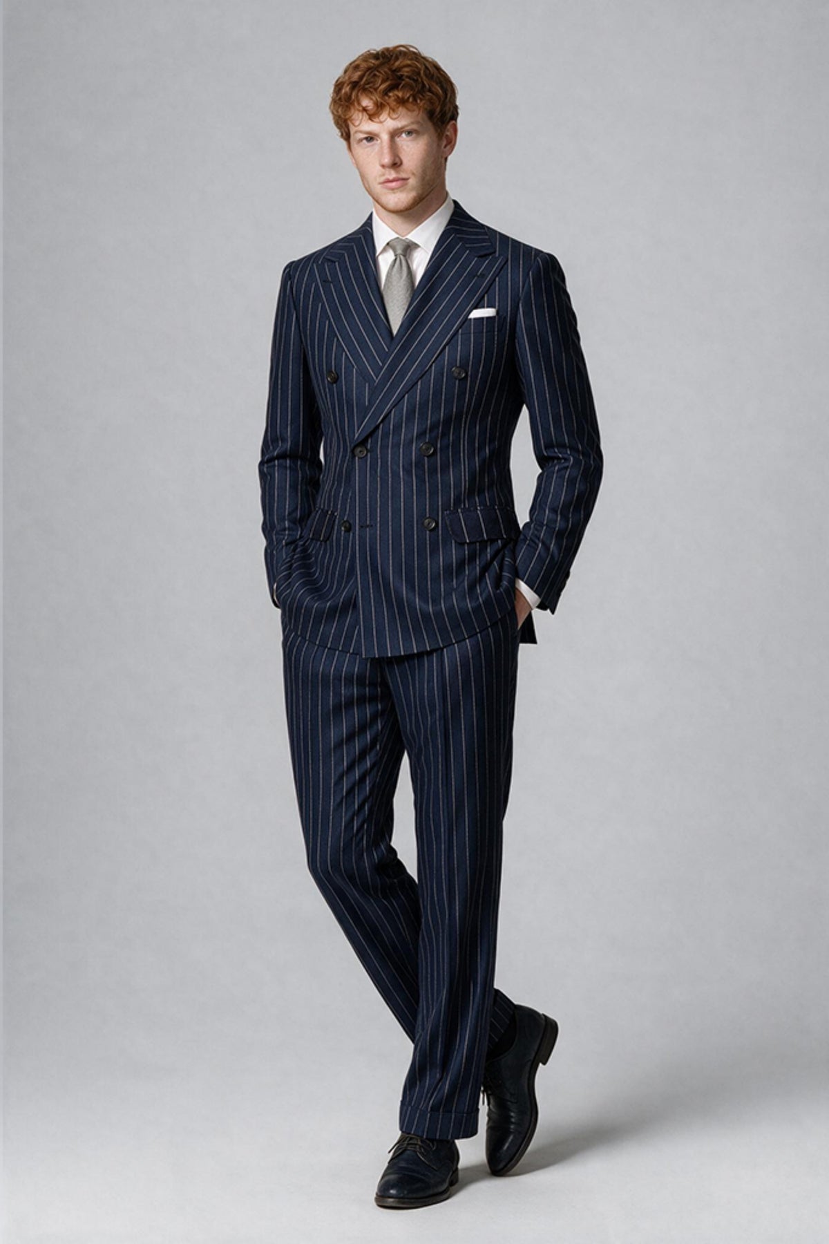 Bolodoo Men's Navy Blue Pinstripe Double-Breasted 2-Piece Suit – Jacket & Trousers - Navy Blue - Navy Blue (4)