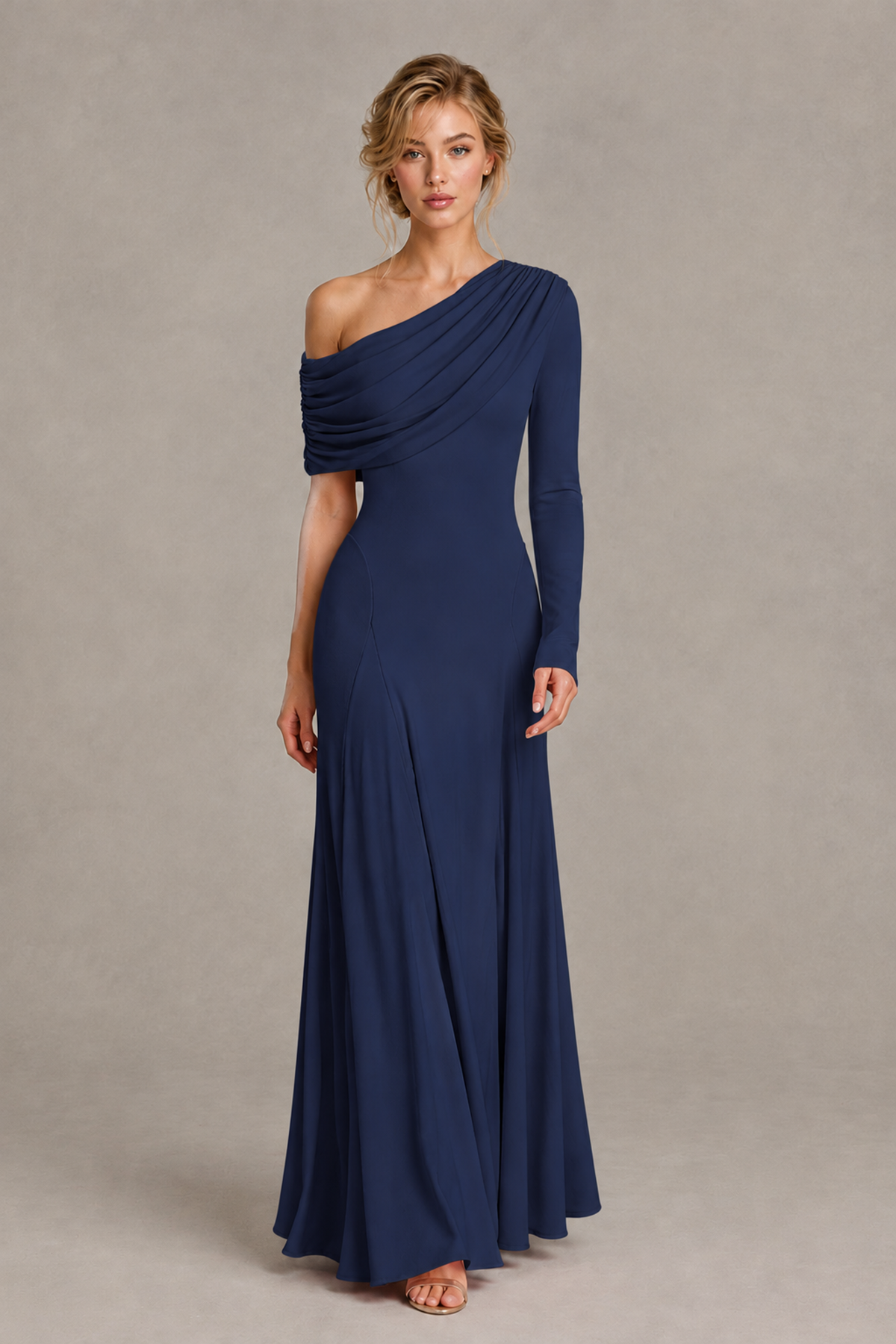 BOLODOO Navy Blue Asymmetric Draped Long Sleeve Evening Gown - Navy Blue