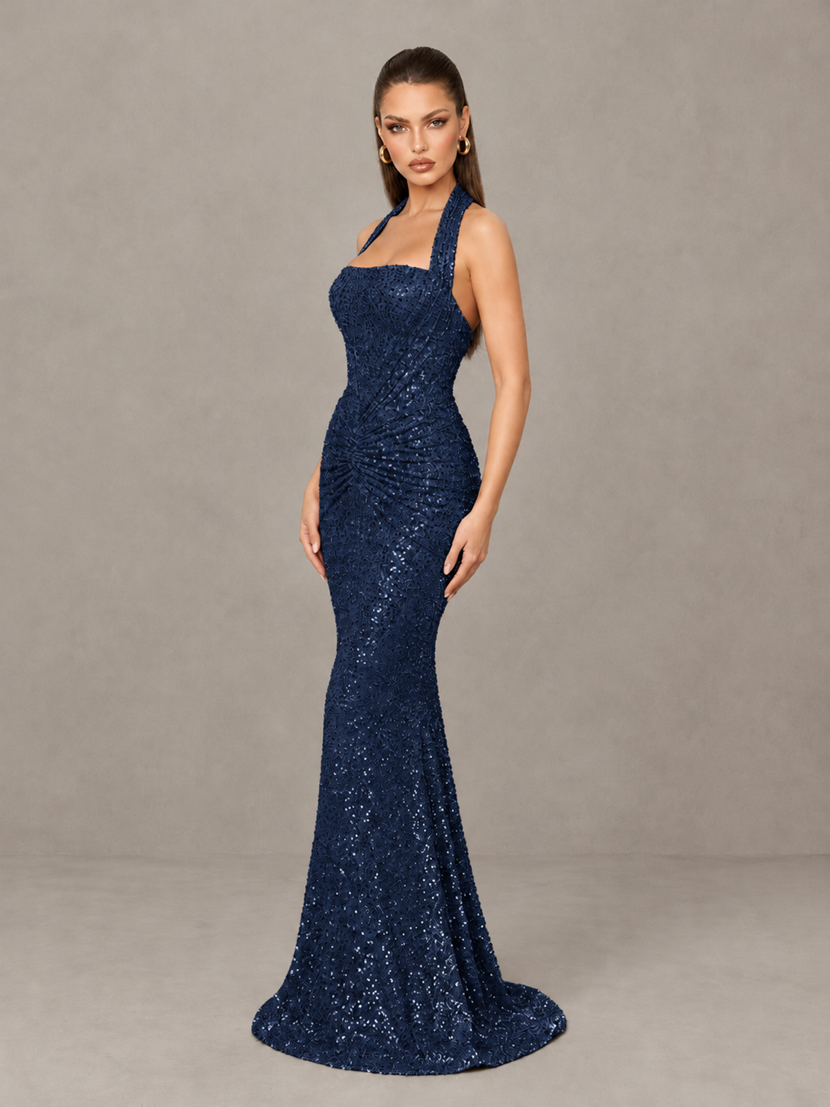 BOLODOO Navy Blue Sequin Halter Mermaid Evening Gown - Navy Blue - Navy Blue (4)