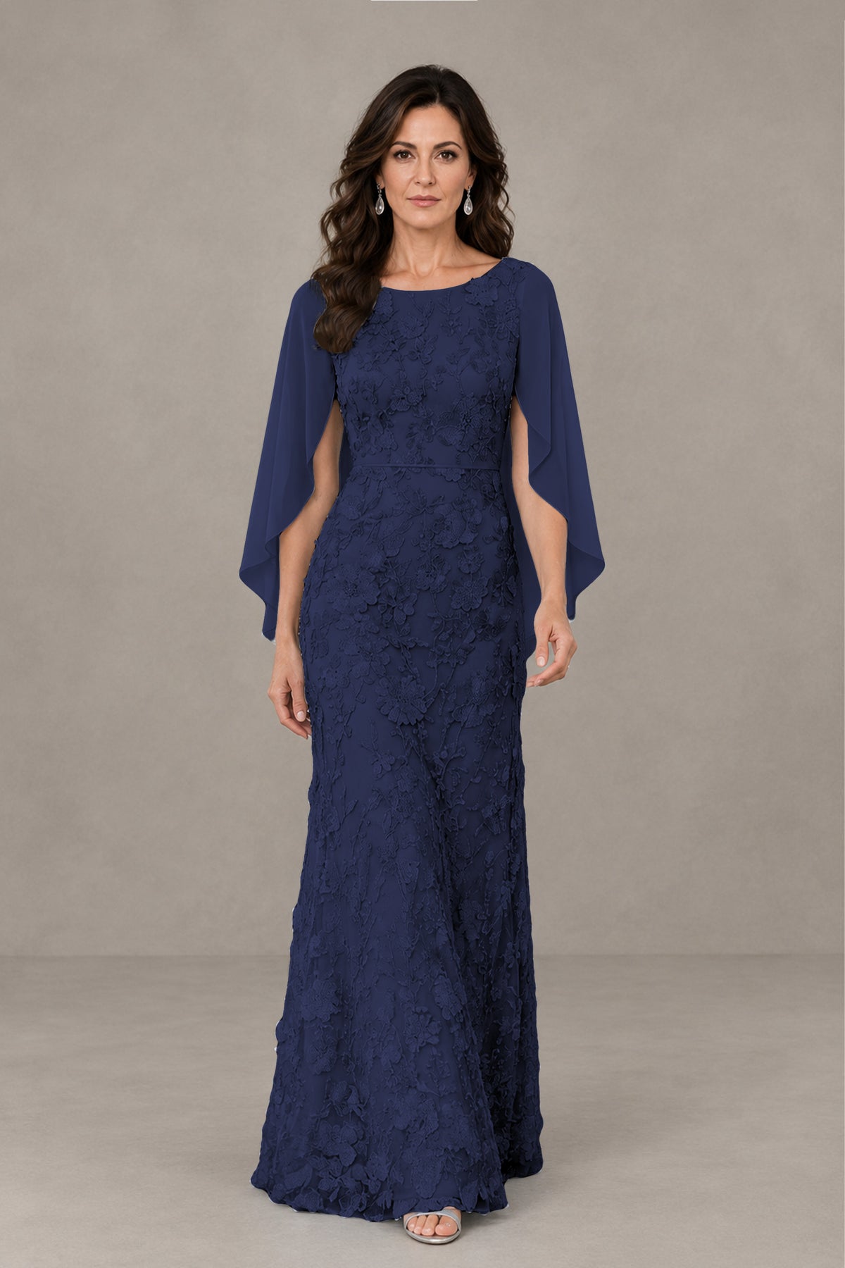 BOLODOO Navy Blue Lace Mother of the Bride Dress with Cape Sleeves - Navy Blue