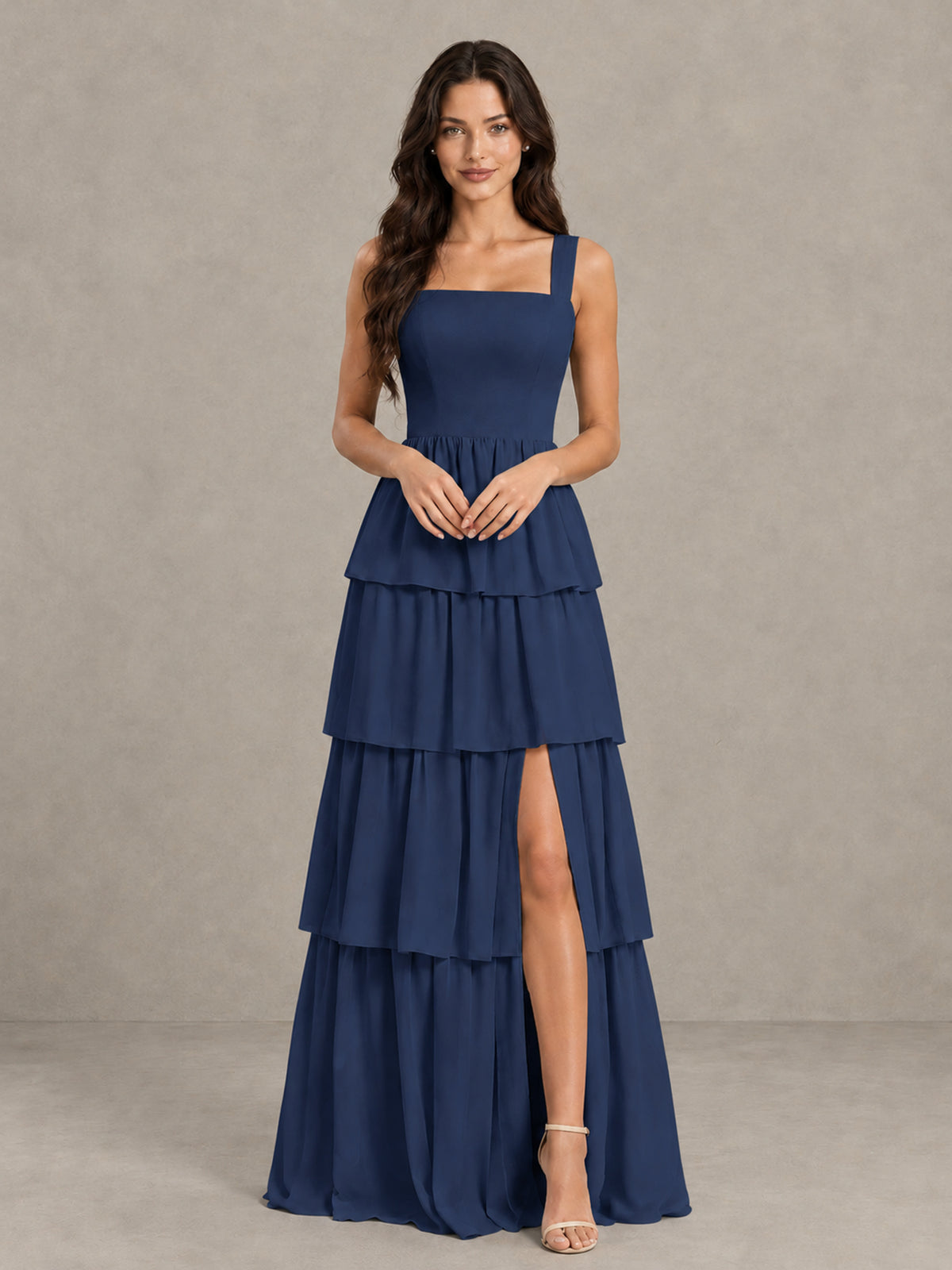 BOLODOO Navy Blue Square Neck Tiered Bridesmaid Dress with Slit - Navy Blue - Navy Blue (4)