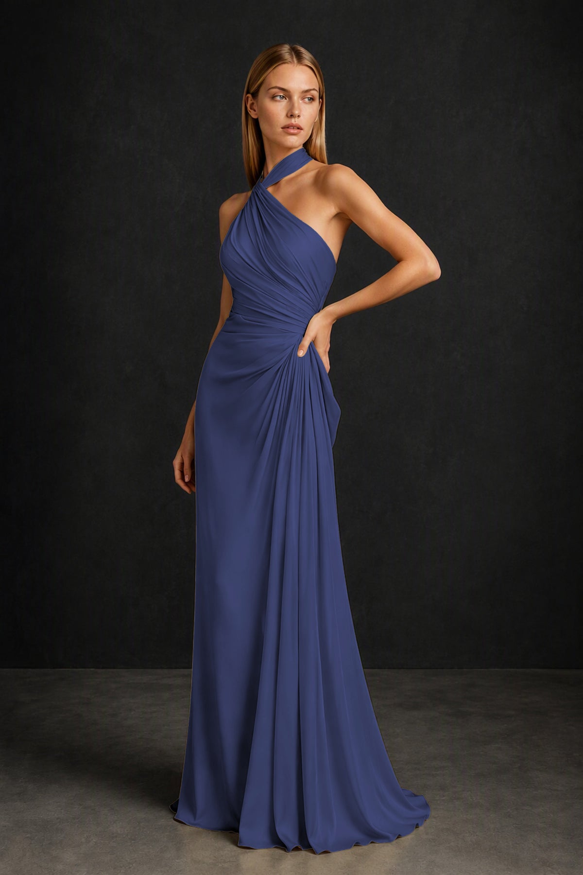 BOLODOO Navy Blue Twisted Halter Neck Ruched Sleeveless Open Back Floor-Length Gown - Navy Blue