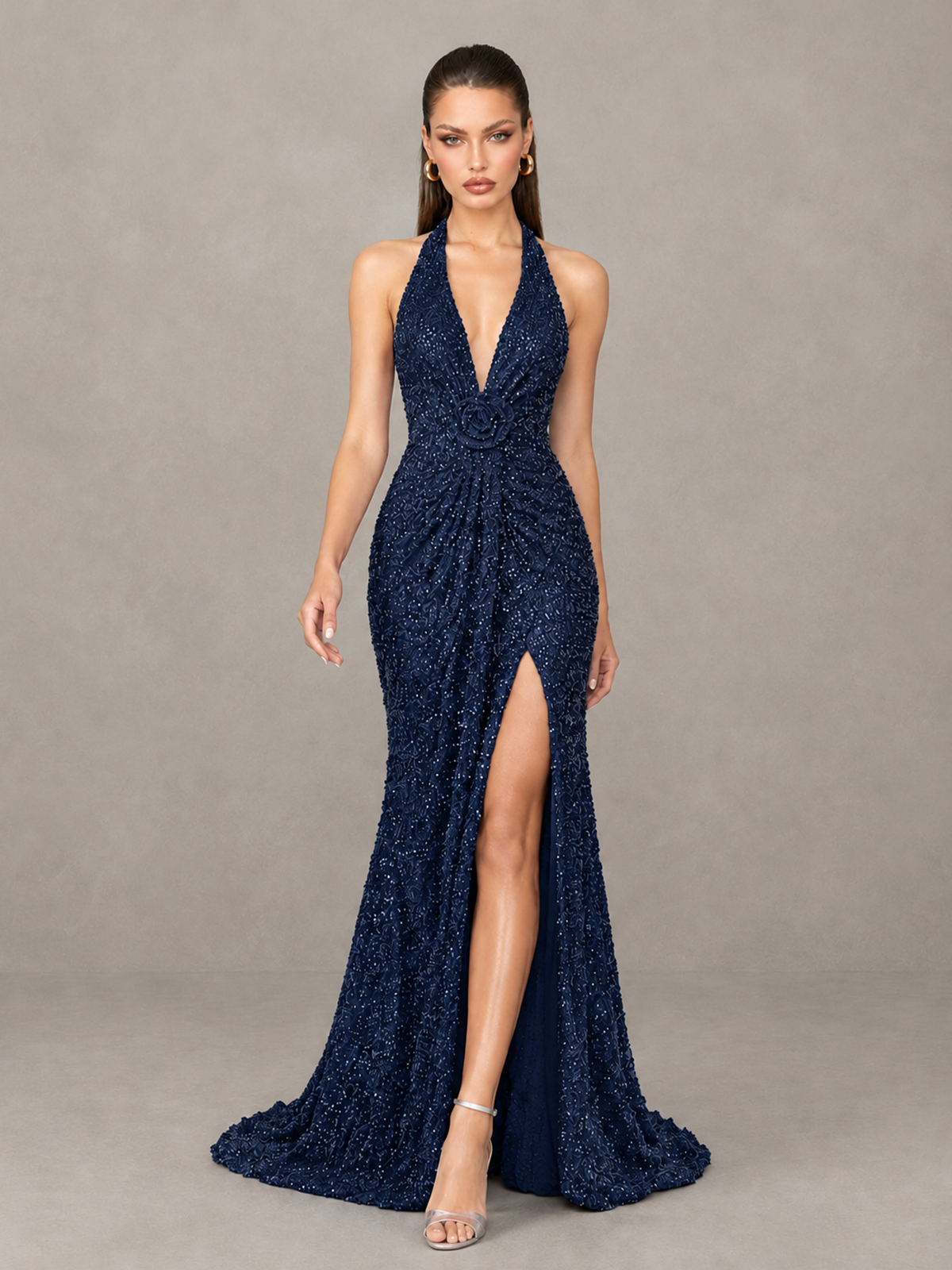 BOLODOO Navy Blue Sequin Halter Open Back Evening Gown with High Slit - Navy Blue - Navy Blue (4)