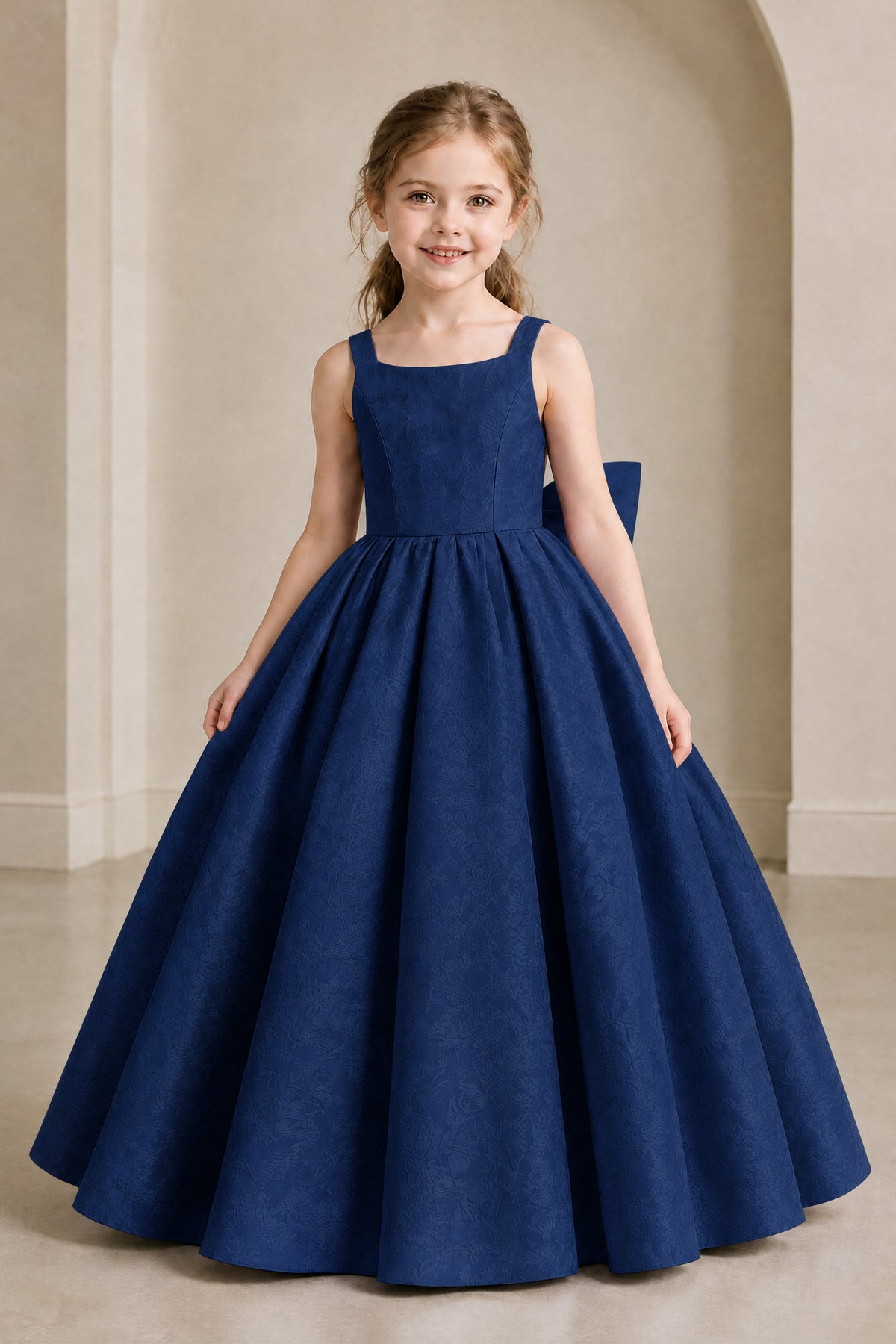 BOLODOO Navy Blue Girls' A-Line Flower Girl Dress with Back Bow - Navy Blue