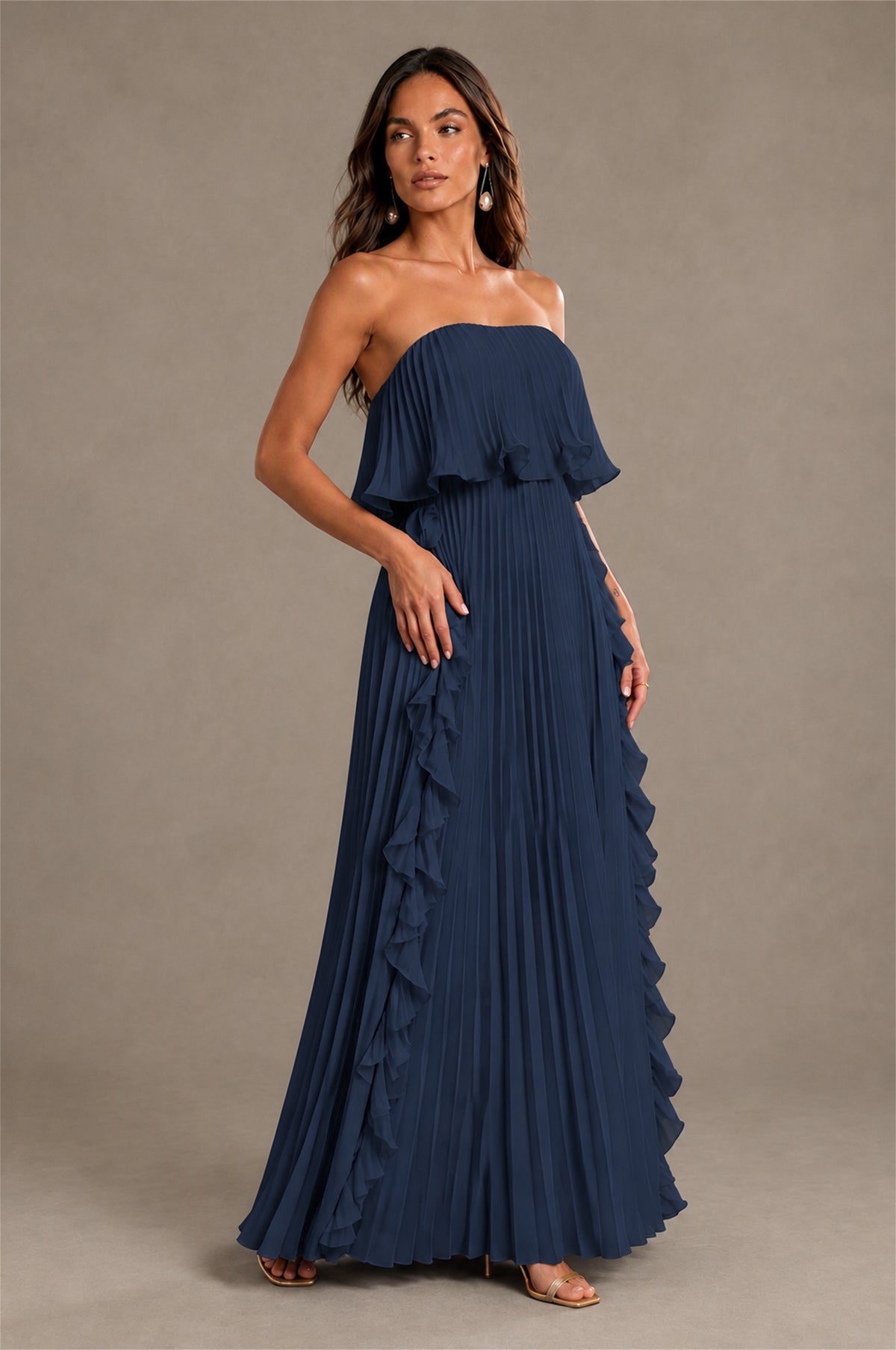 BOLODOO Navy Blue Strapless Ruffle Bodice Dual Cascading Ruffle Accordion Pleated Chiffon Maxi Dress - Navy Blue