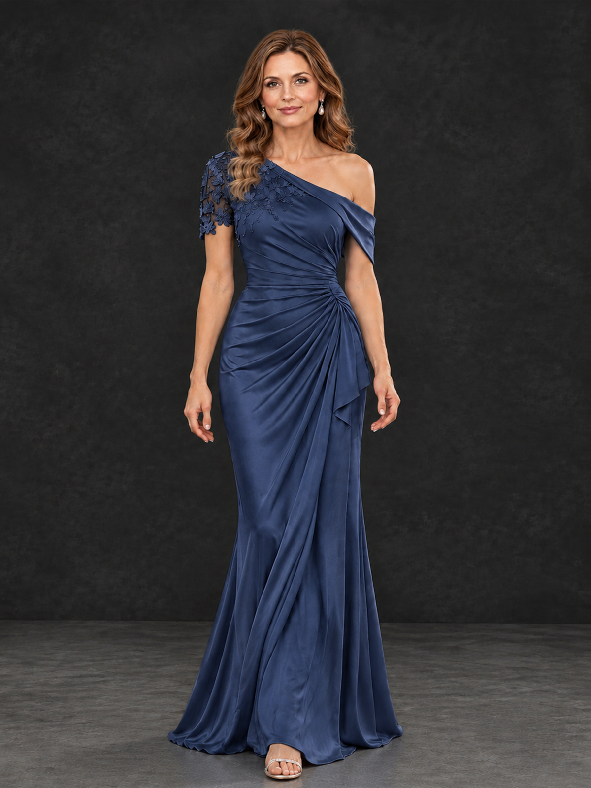 BOLODOO Navy Blue Asymmetric Satin Mother of the Bride Dress with Lace Sleeve - Navy Blue - Navy Blue (4)