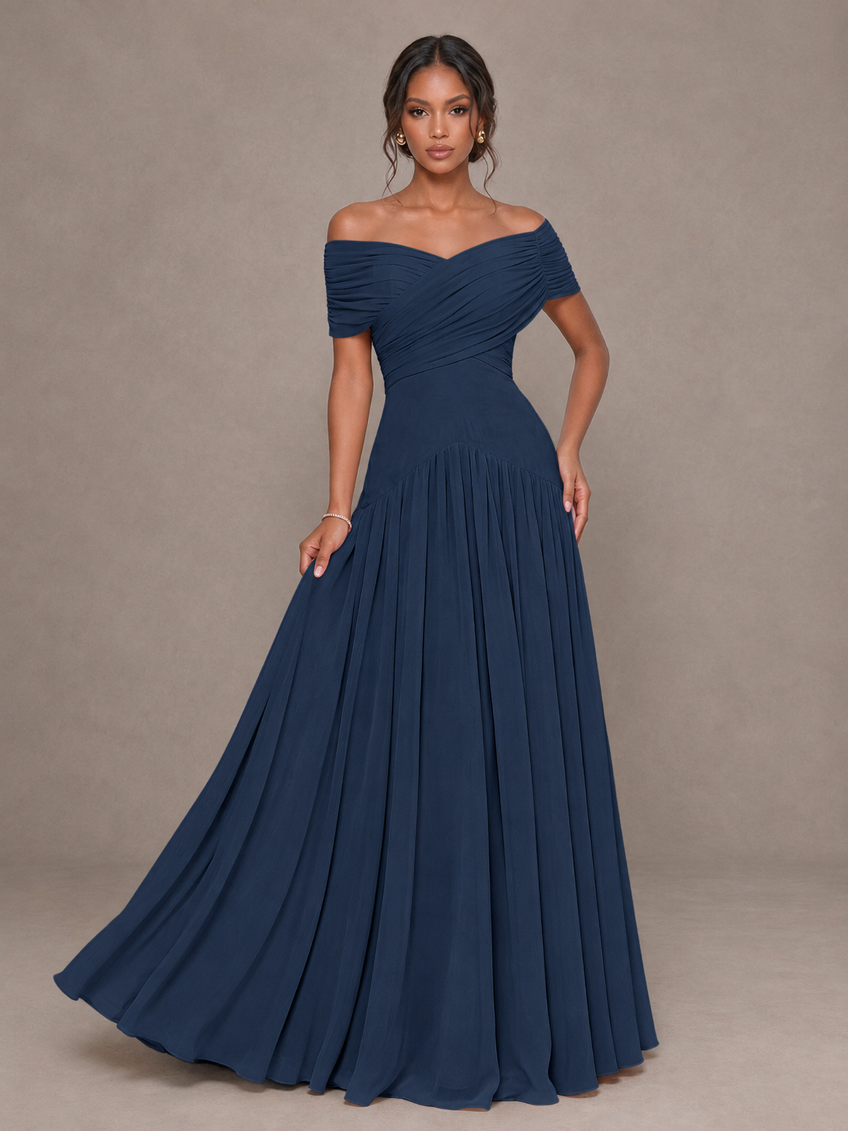 BOLODOO Navy Blue Off-Shoulder Ruched A-Line Bridesmaid Dress - Navy Blue - Navy Blue (4)