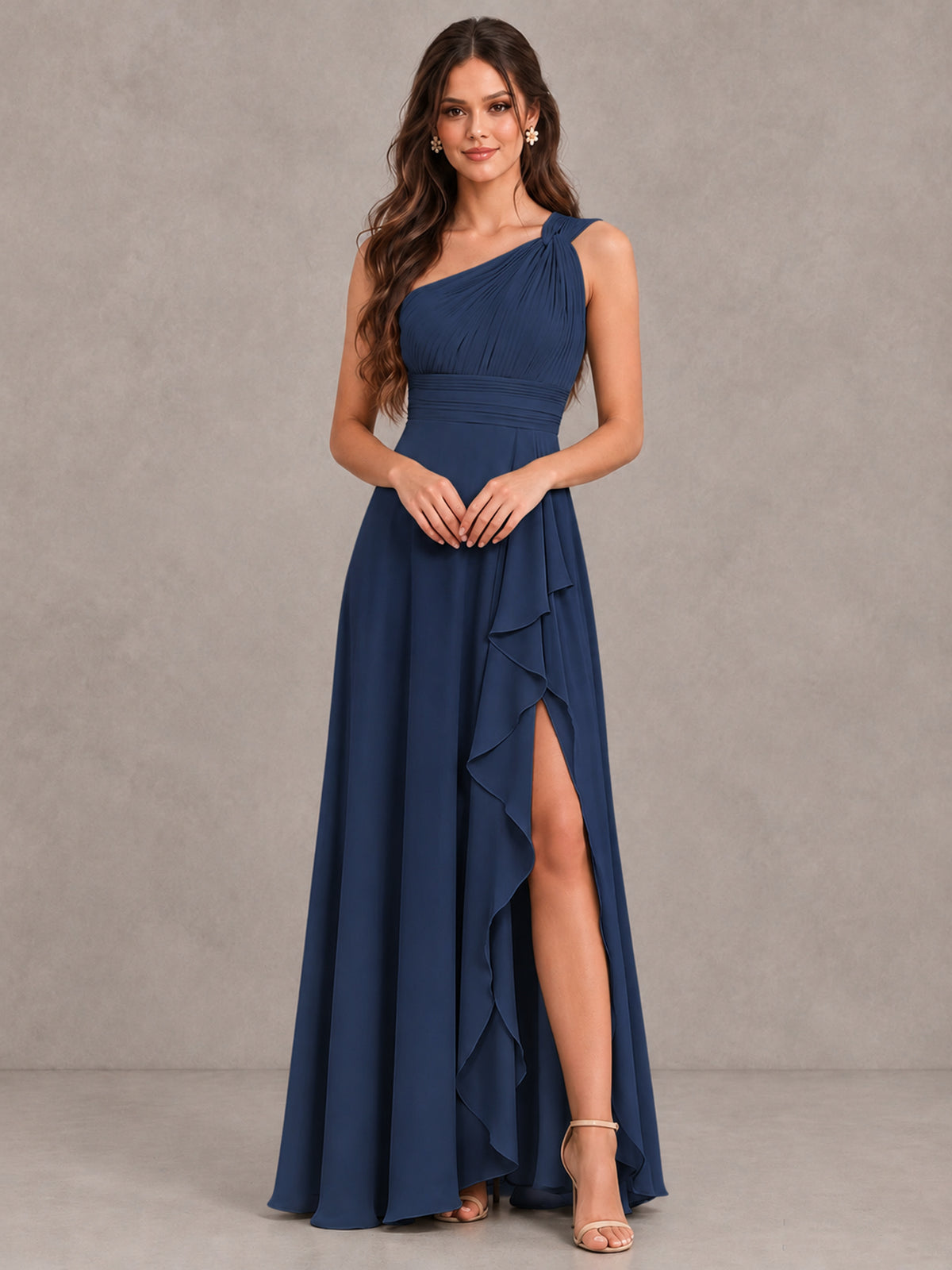 BOLODOO Navy Blue One-Shoulder Ruffle Bridesmaid Dress with Slit - Navy Blue - Navy Blue (4)
